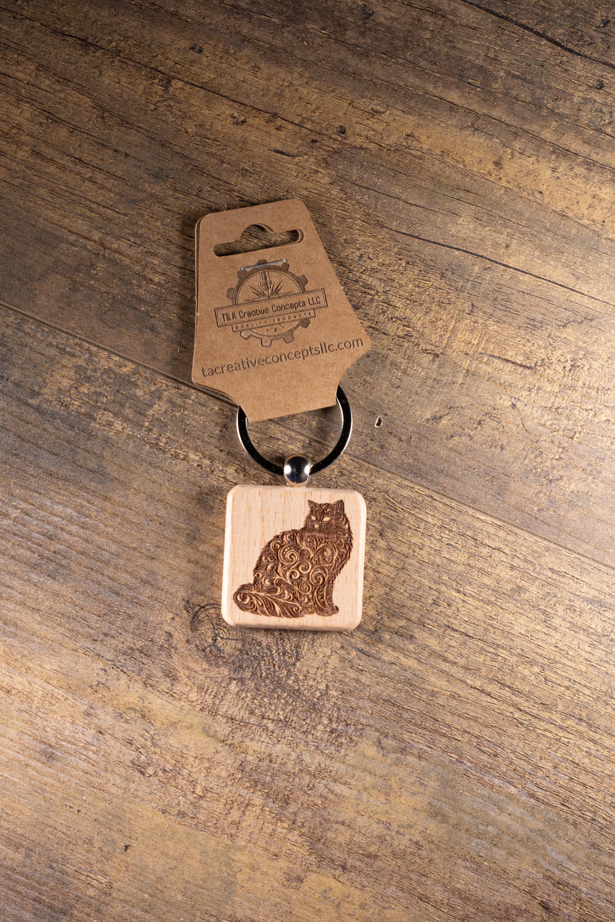 Laser Engraved Wood Cat Keychain / Bag Charm – Cute Cat Lover Gift – Natural Wood Cat Accessory