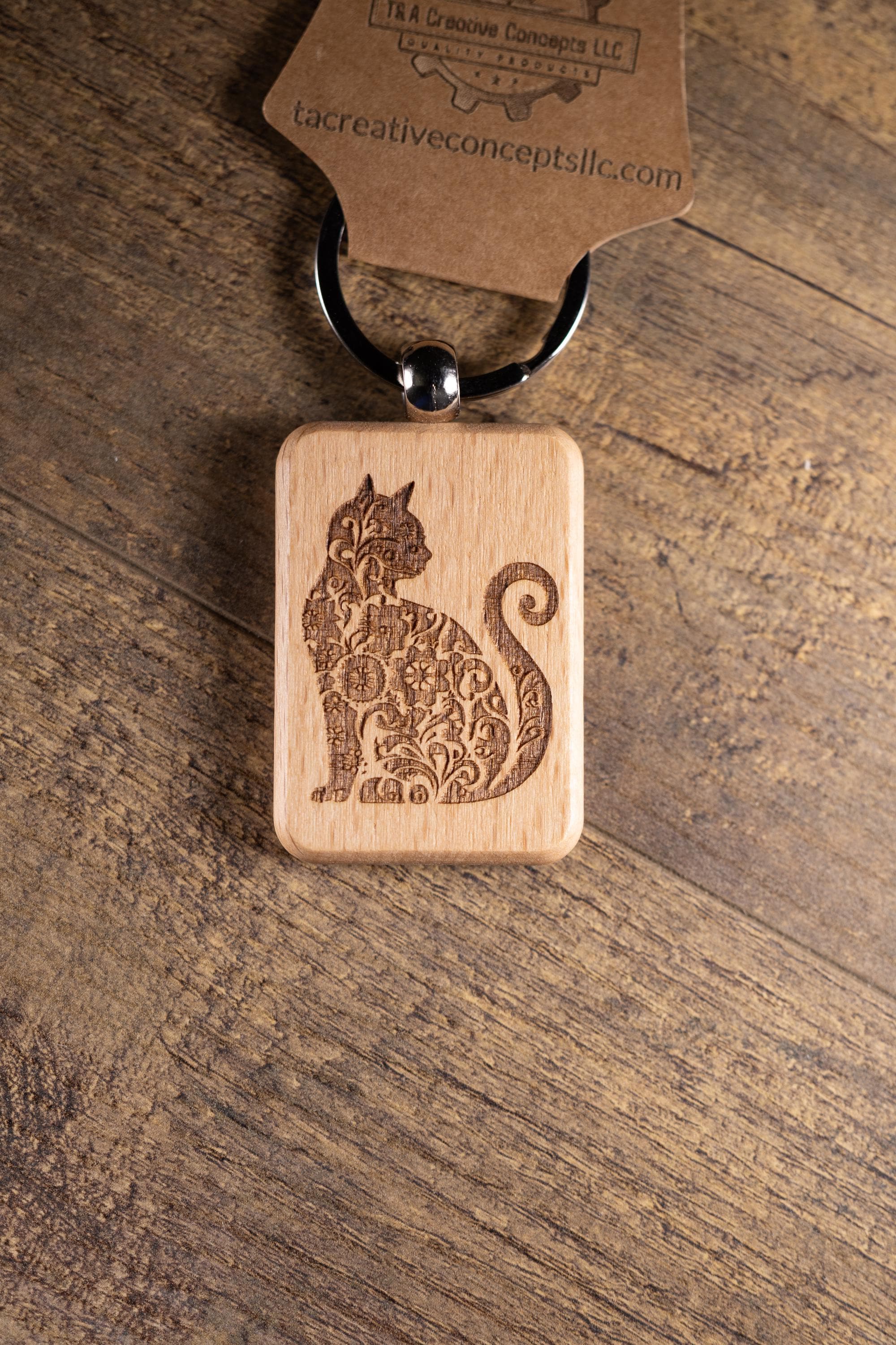 Laser Engraved Wood Cat Keychain / Bag Charm – Cute Cat Lover Gift – Natural Wood Cat Accessory