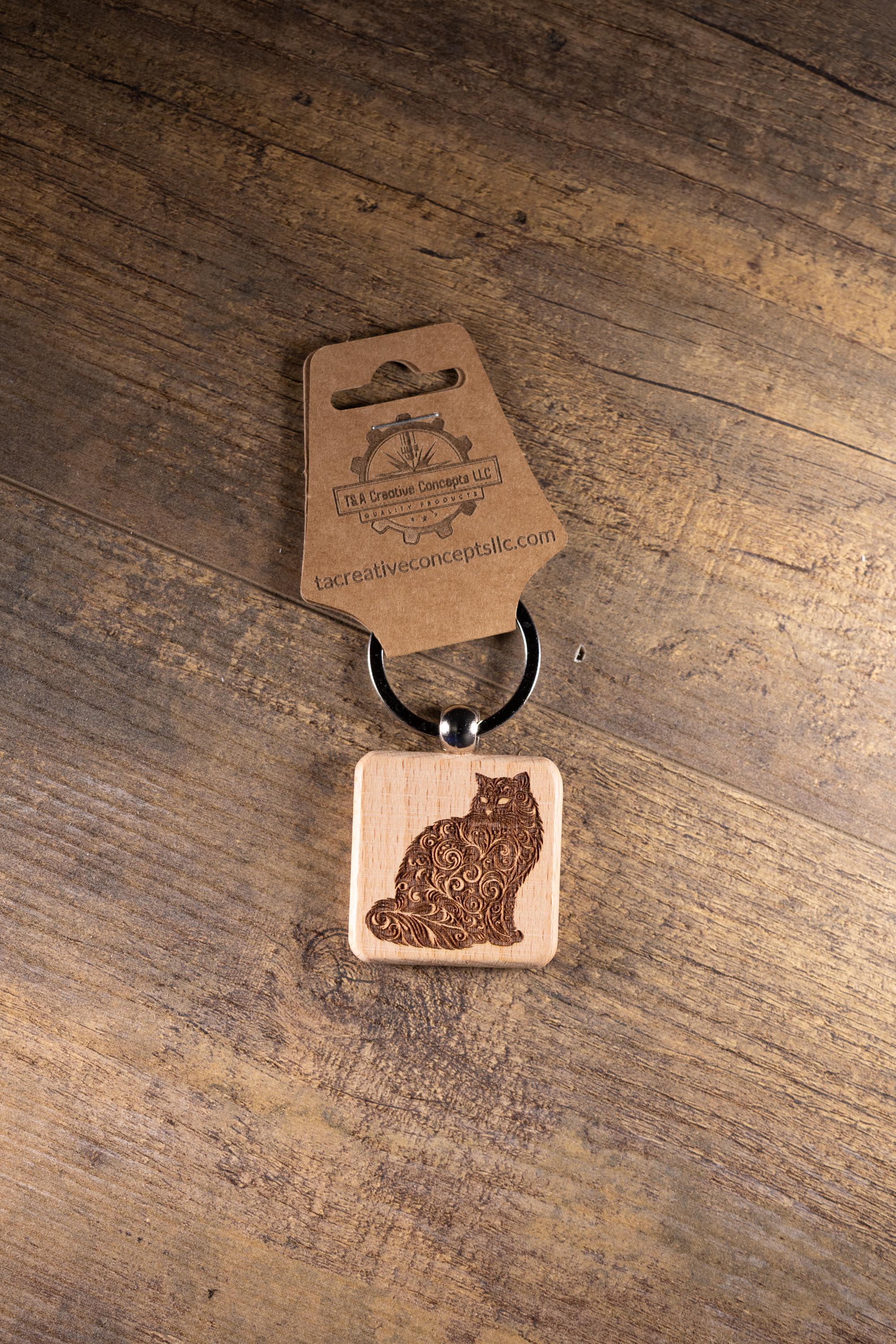 Laser Engraved Wood Cat Keychain / Bag Charm – Cute Cat Lover Gift – Natural Wood Cat Accessory