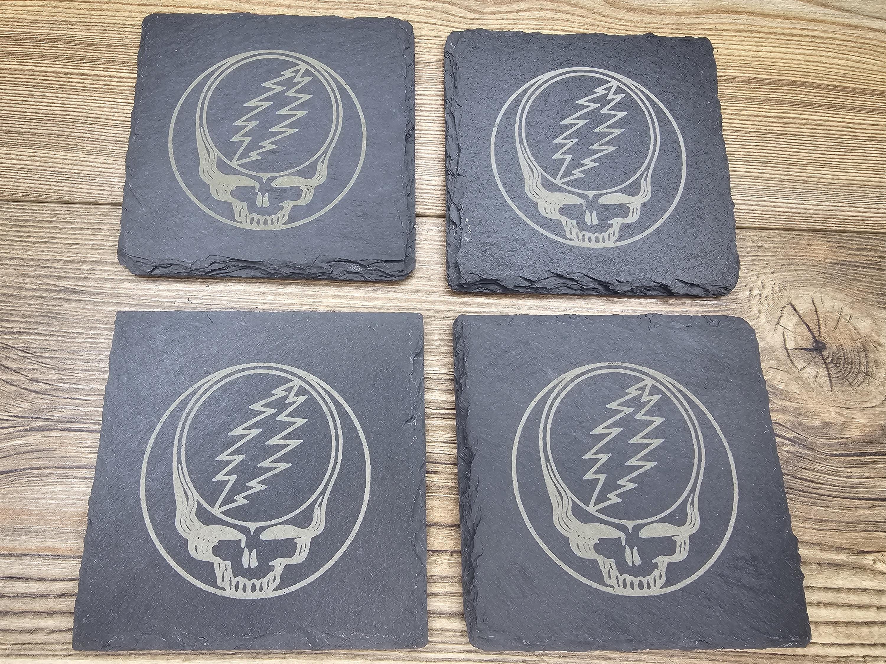 Grateful dead steal your face coasters – 4"x4", set of 4, laser engraved slate, non-marking pads, home bar gift