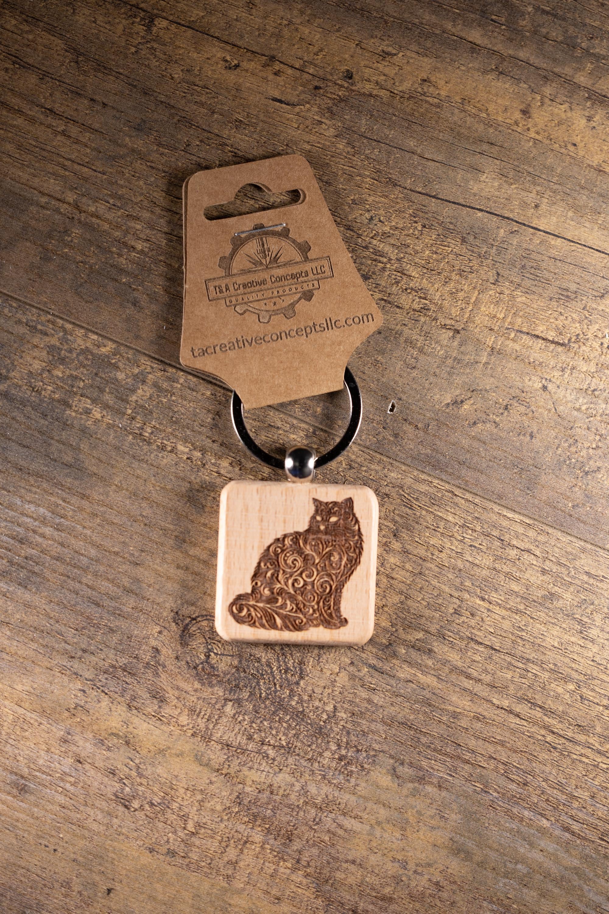 Laser Engraved Wood Cat Keychain / Bag Charm – Cute Cat Lover Gift – Natural Wood Cat Accessory