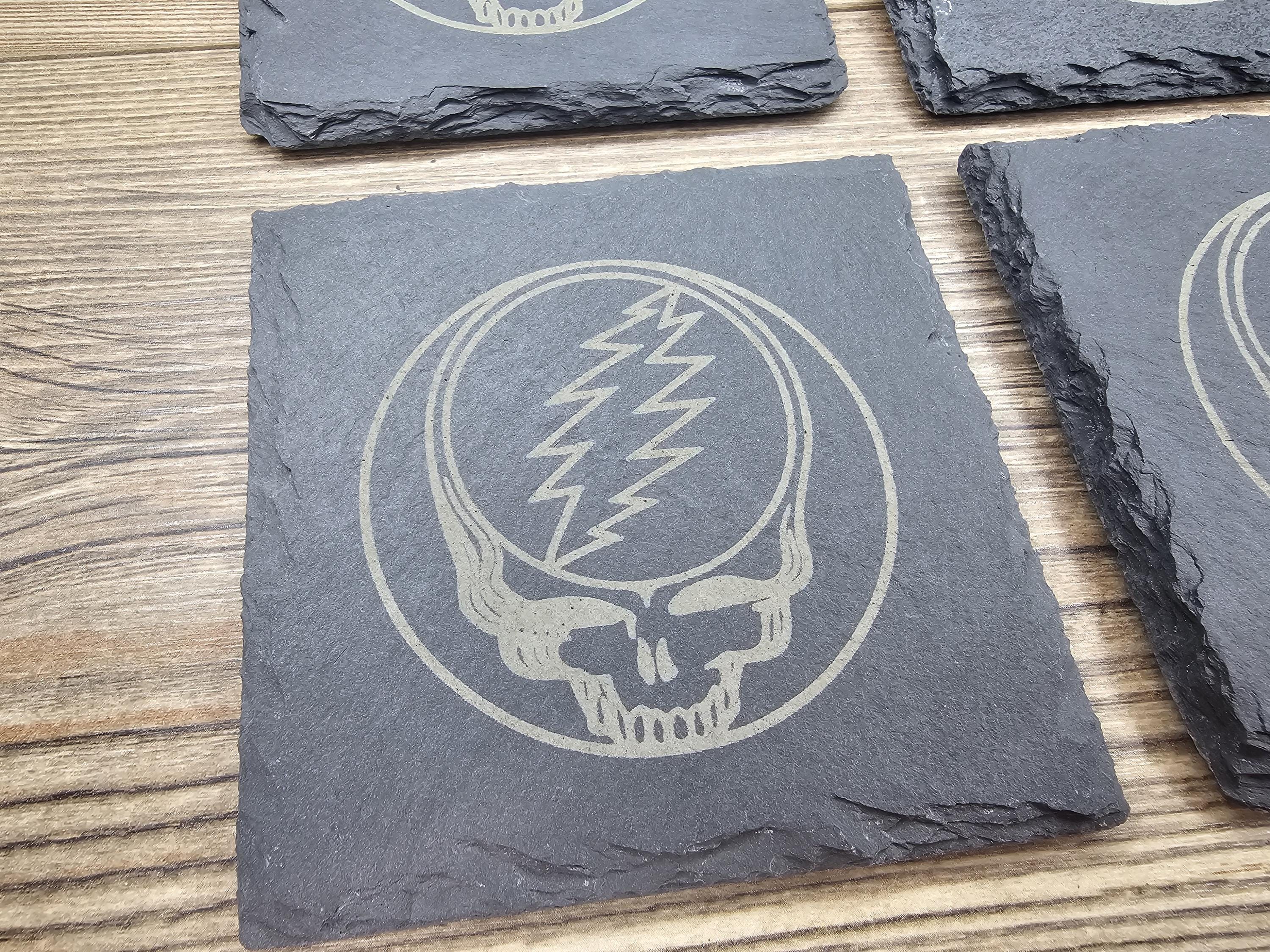 Grateful dead steal your face coasters – 4"x4", set of 4, laser engraved slate, non-marking pads, home bar gift