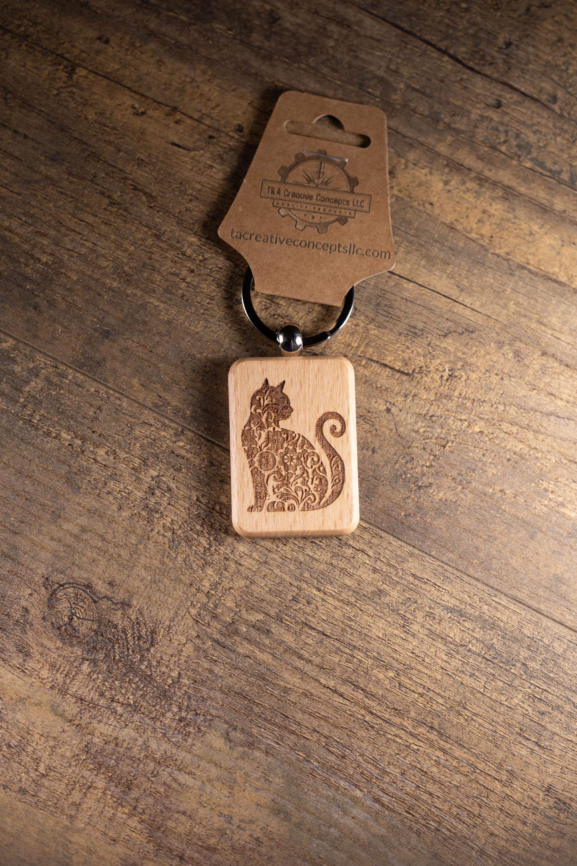 Laser Engraved Wood Cat Keychain / Bag Charm – Cute Cat Lover Gift – Natural Wood Cat Accessory