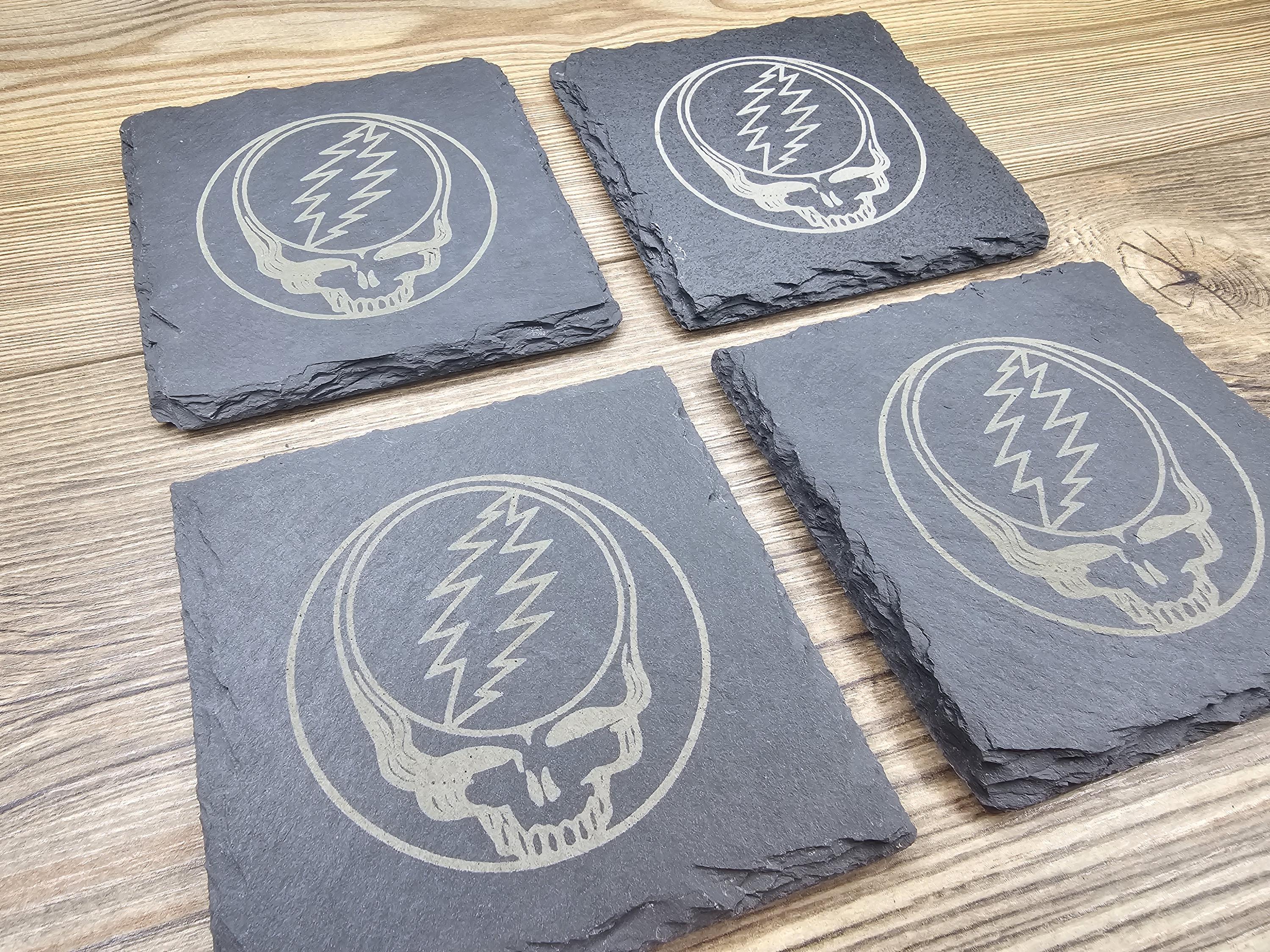 Grateful dead steal your face coasters – 4"x4", set of 4, laser engraved slate, non-marking pads, home bar gift