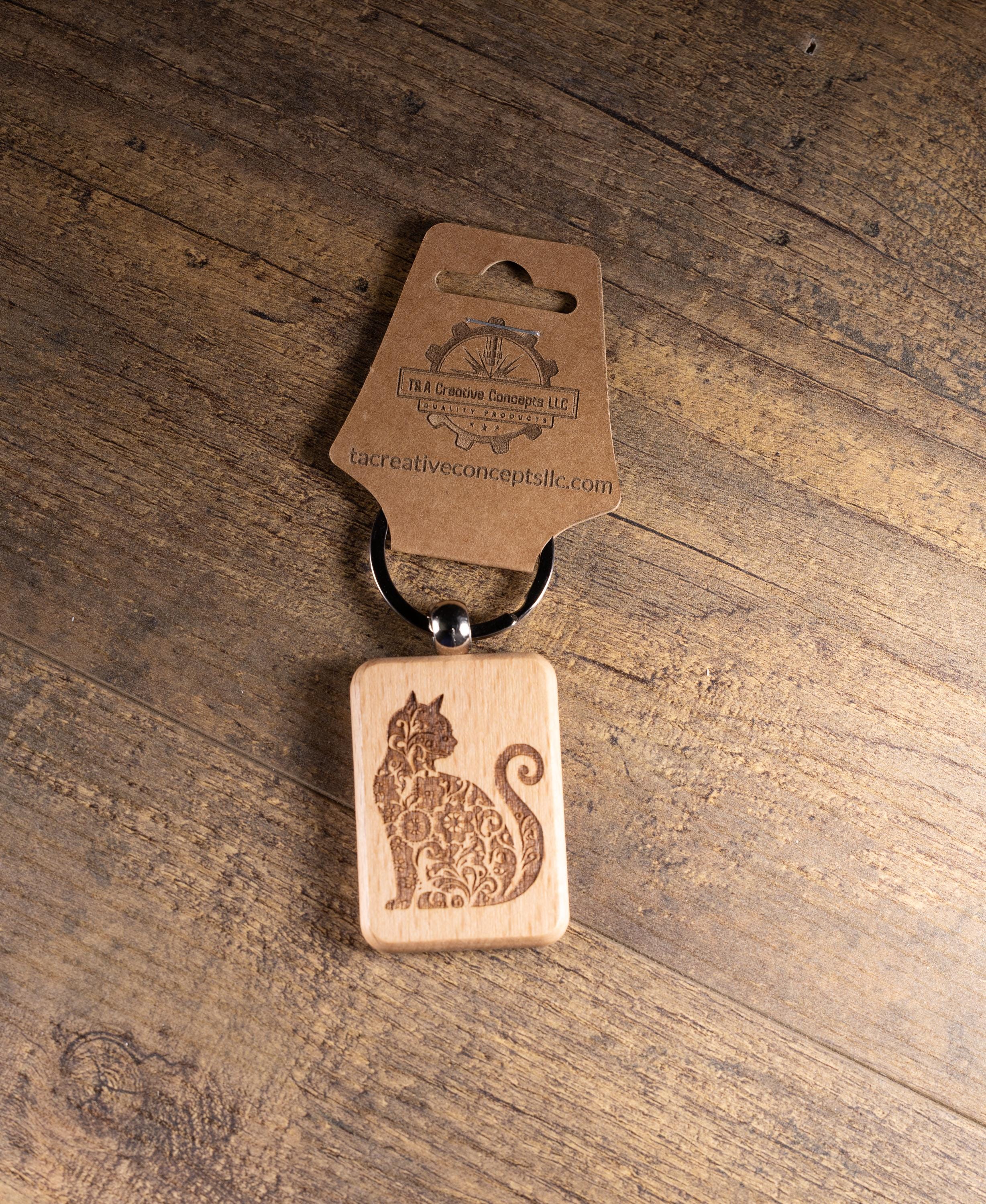Laser Engraved Wood Cat Keychain / Bag Charm – Cute Cat Lover Gift – Natural Wood Cat Accessory