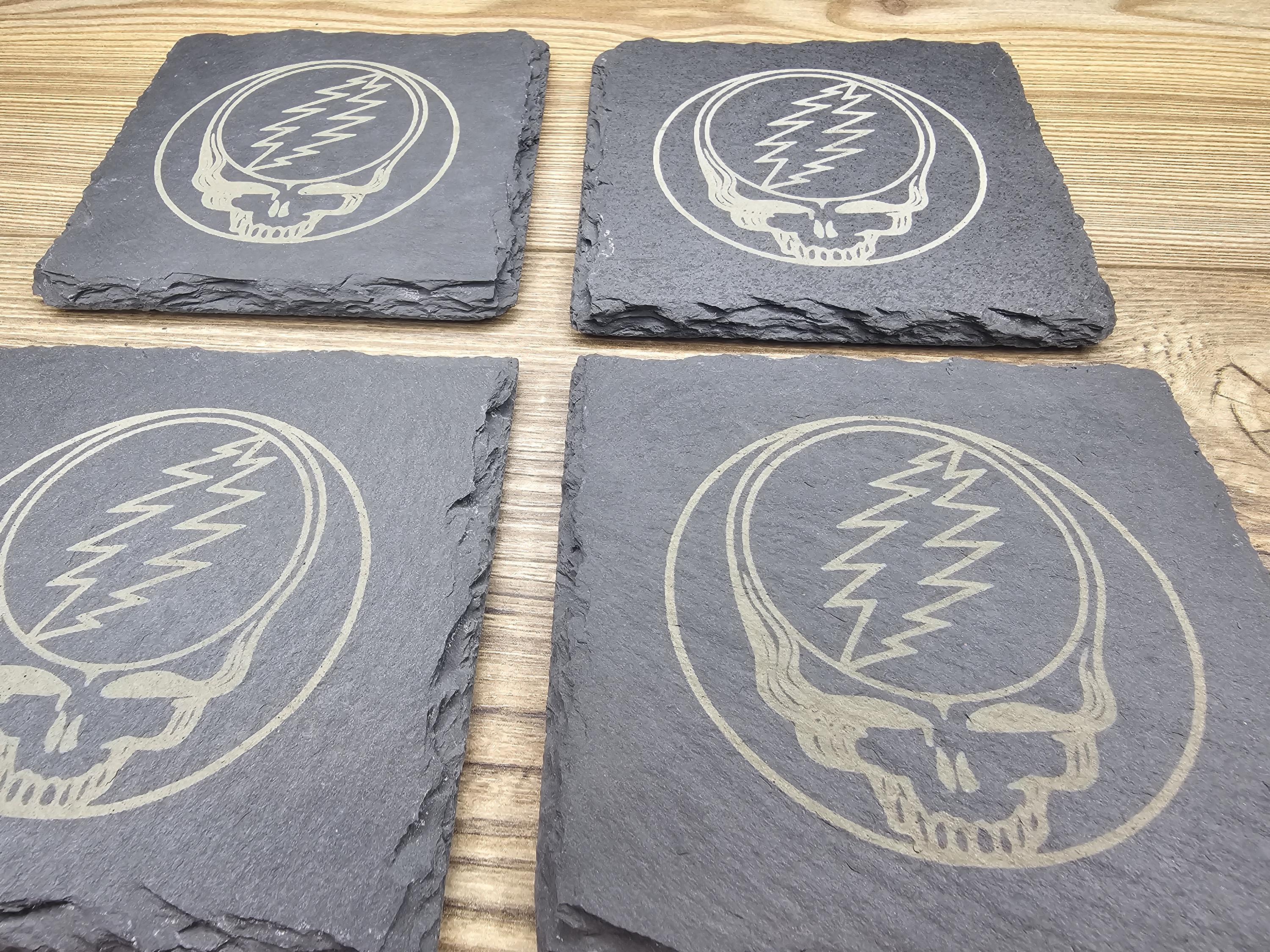Grateful dead steal your face coasters – 4"x4", set of 4, laser engraved slate, non-marking pads, home bar gift