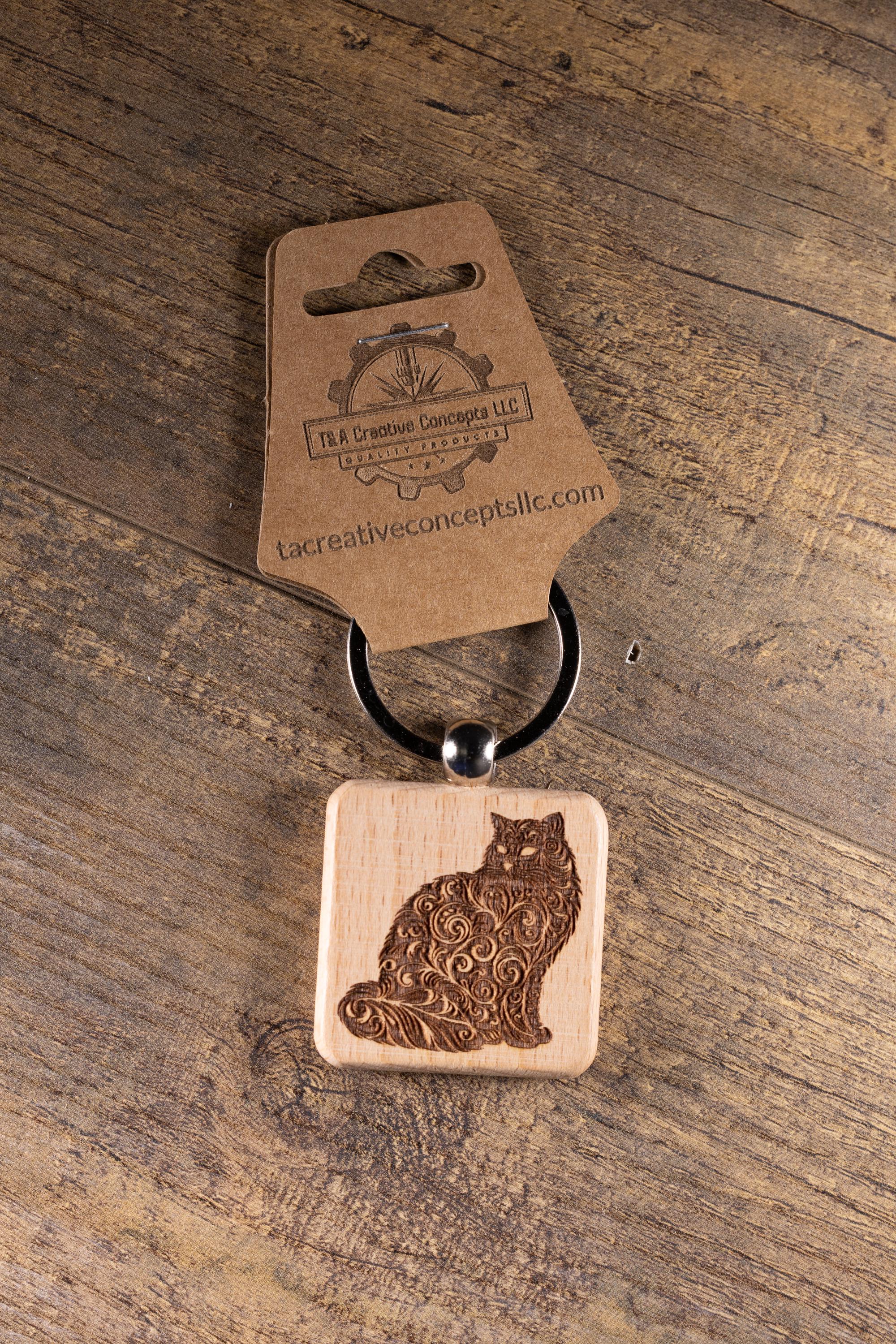 Laser Engraved Wood Cat Keychain / Bag Charm – Cute Cat Lover Gift – Natural Wood Cat Accessory