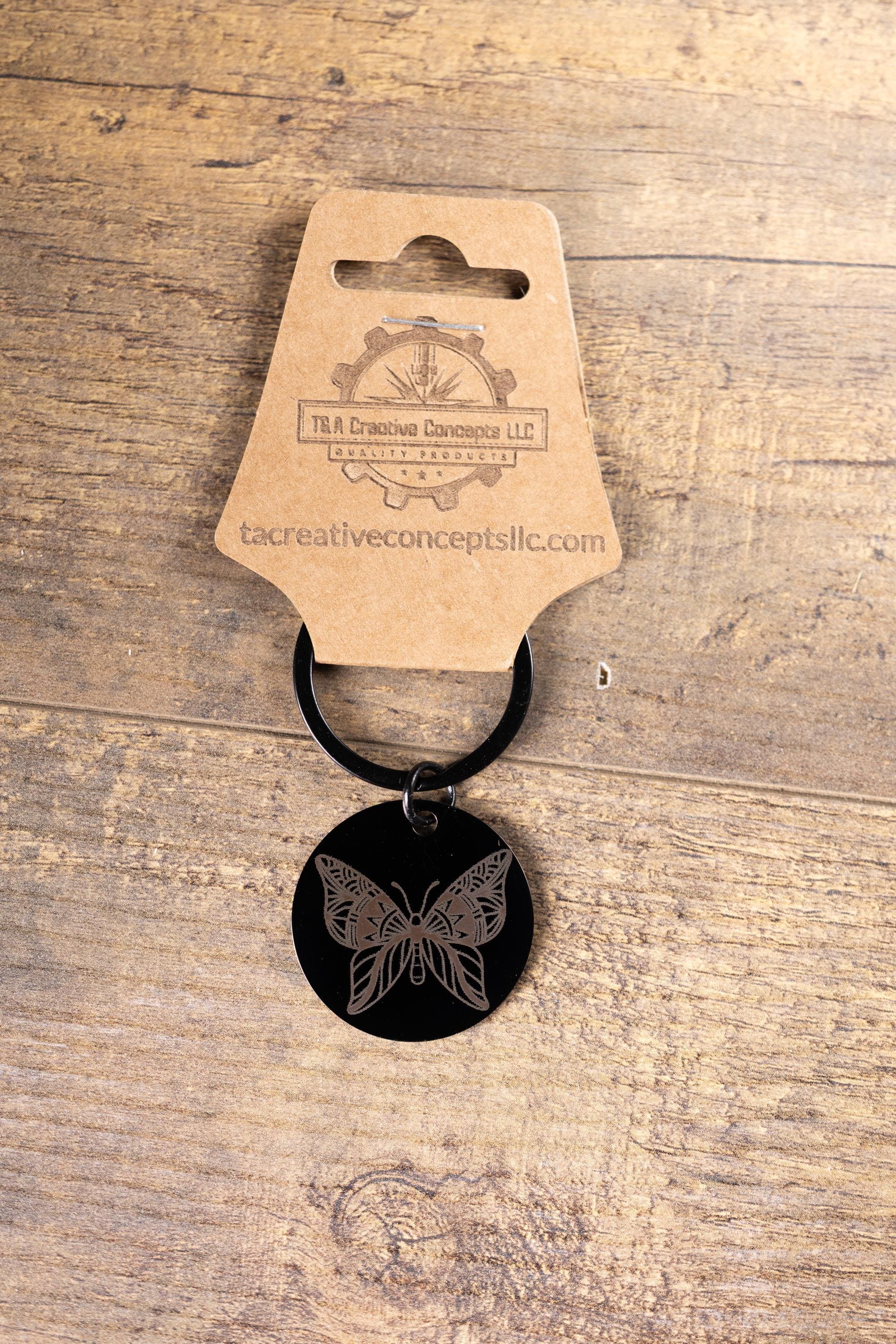 Black stainless steel butterfly keychain – laser engraved insect gift for her – nature lover metal key ring