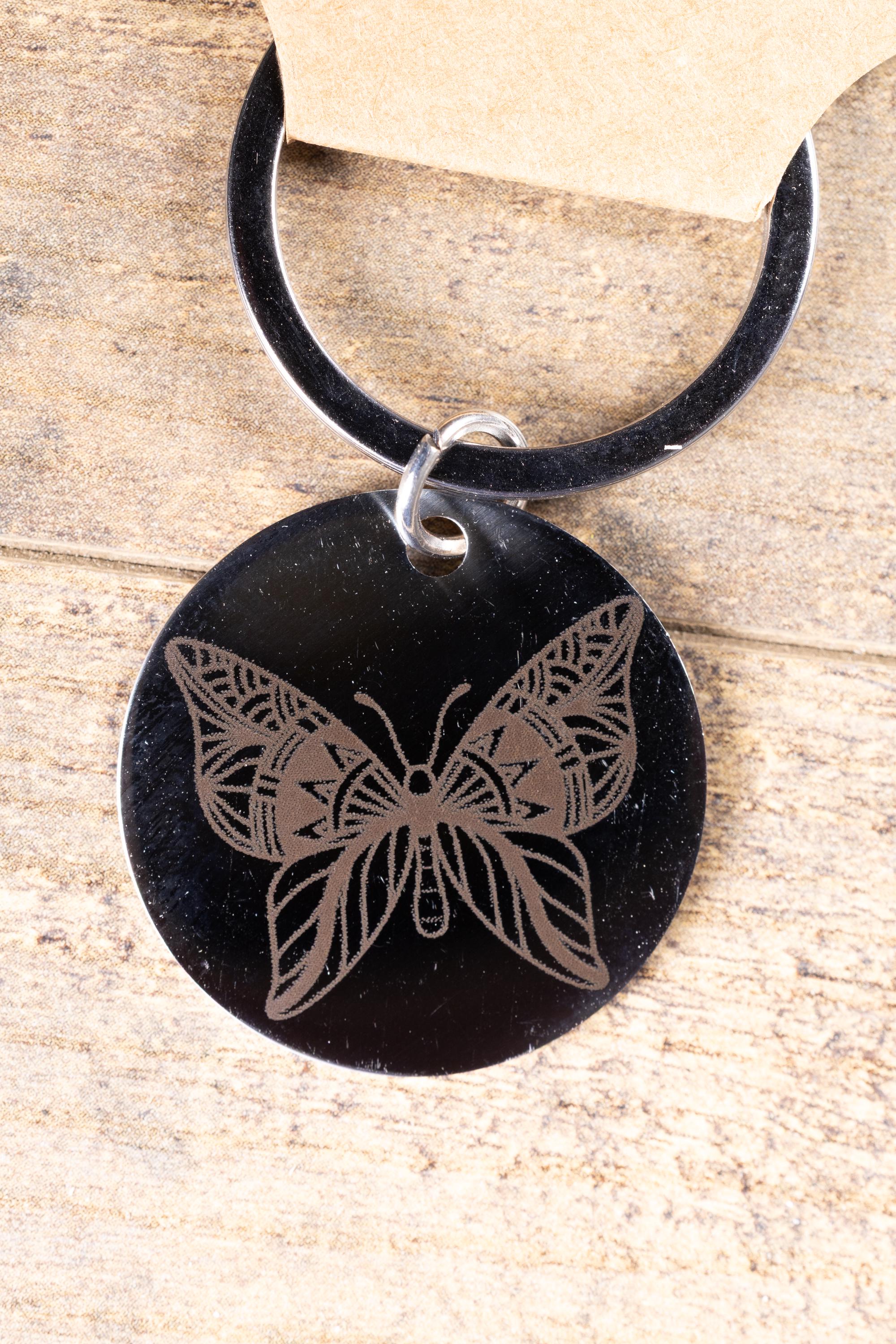 Black stainless steel butterfly keychain – laser engraved insect gift for her – nature lover metal key ring