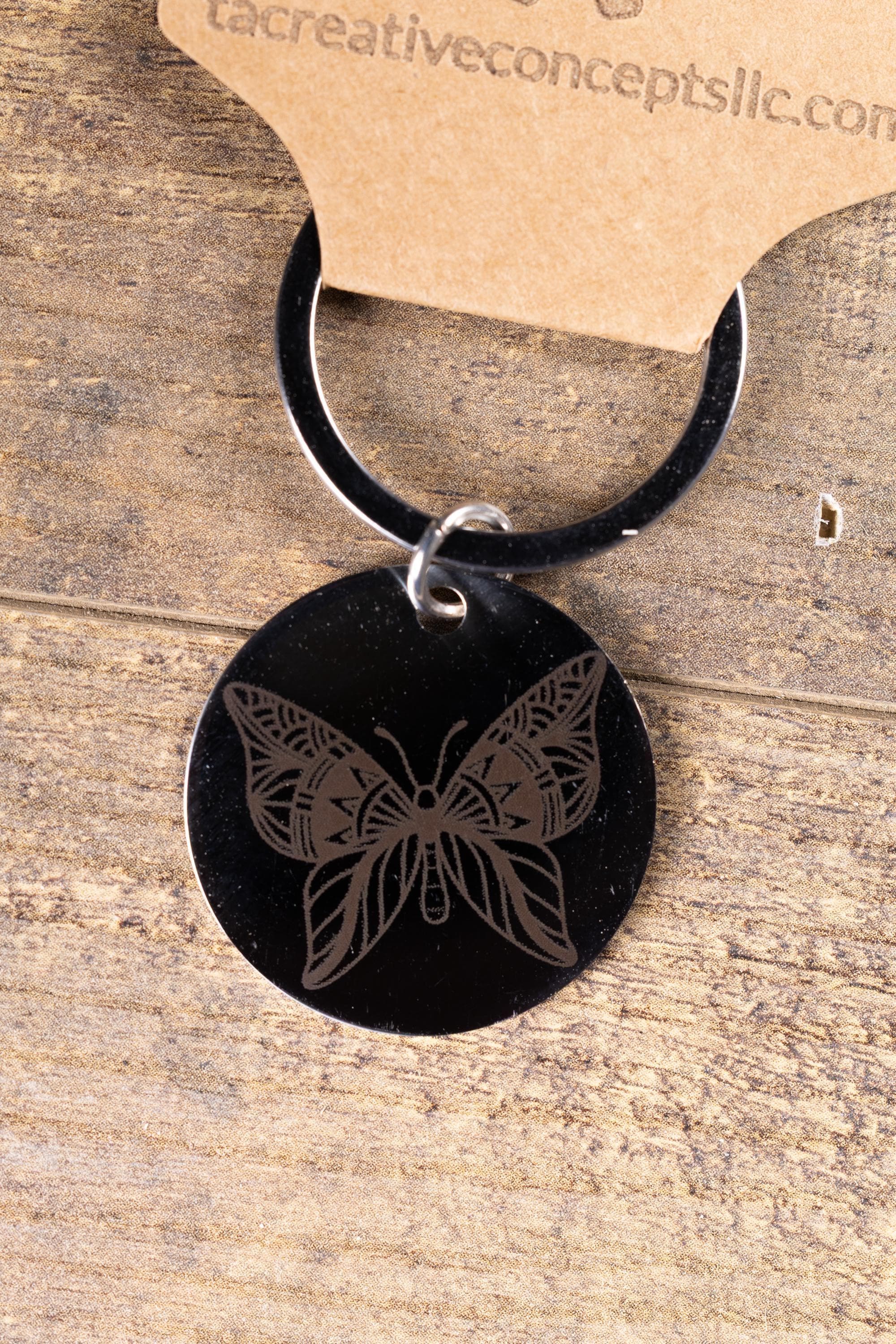 Black stainless steel butterfly keychain – laser engraved insect gift for her – nature lover metal key ring