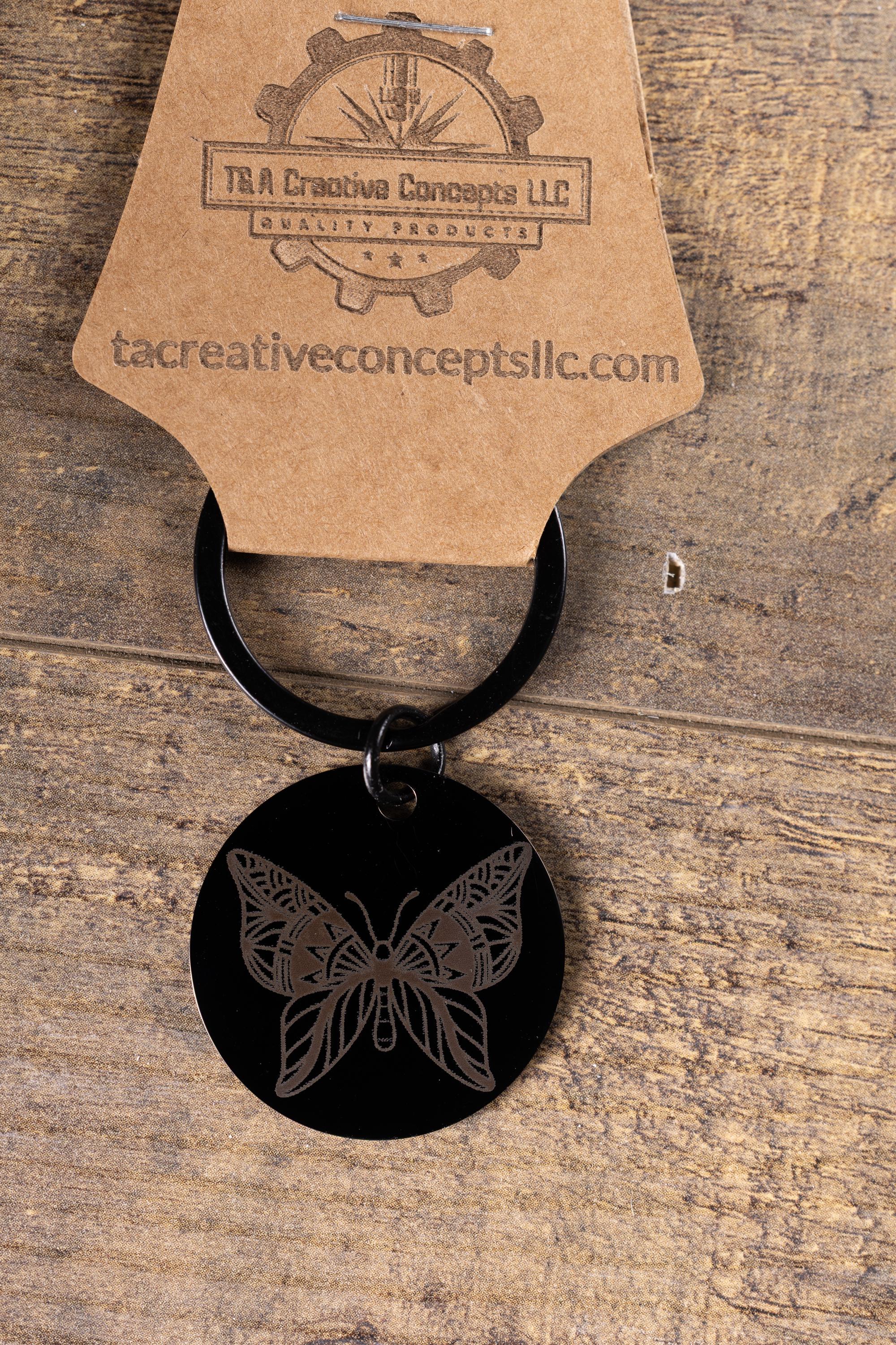 Black stainless steel butterfly keychain – laser engraved insect gift for her – nature lover metal key ring
