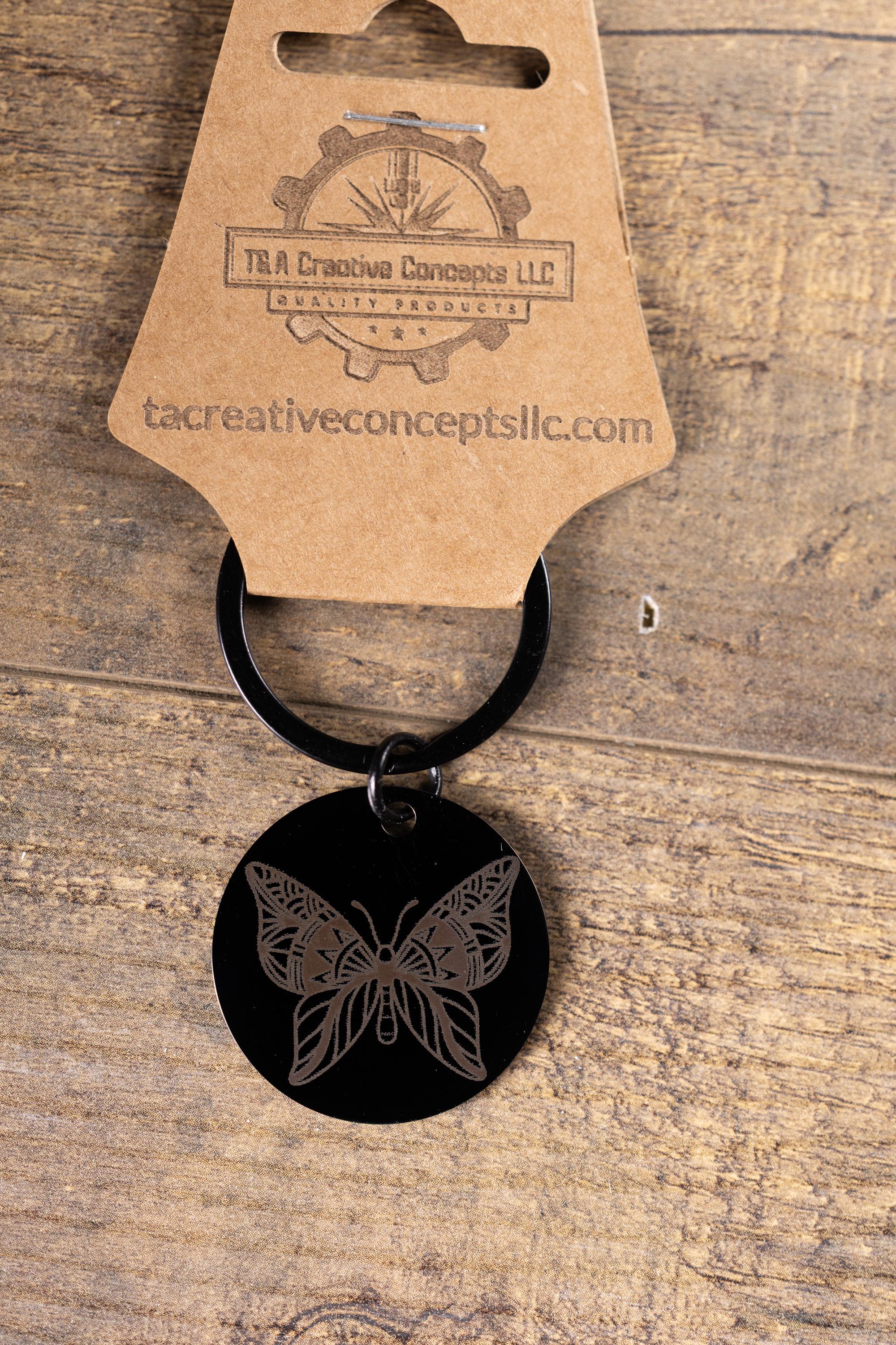Black stainless steel butterfly keychain – laser engraved insect gift for her – nature lover metal key ring