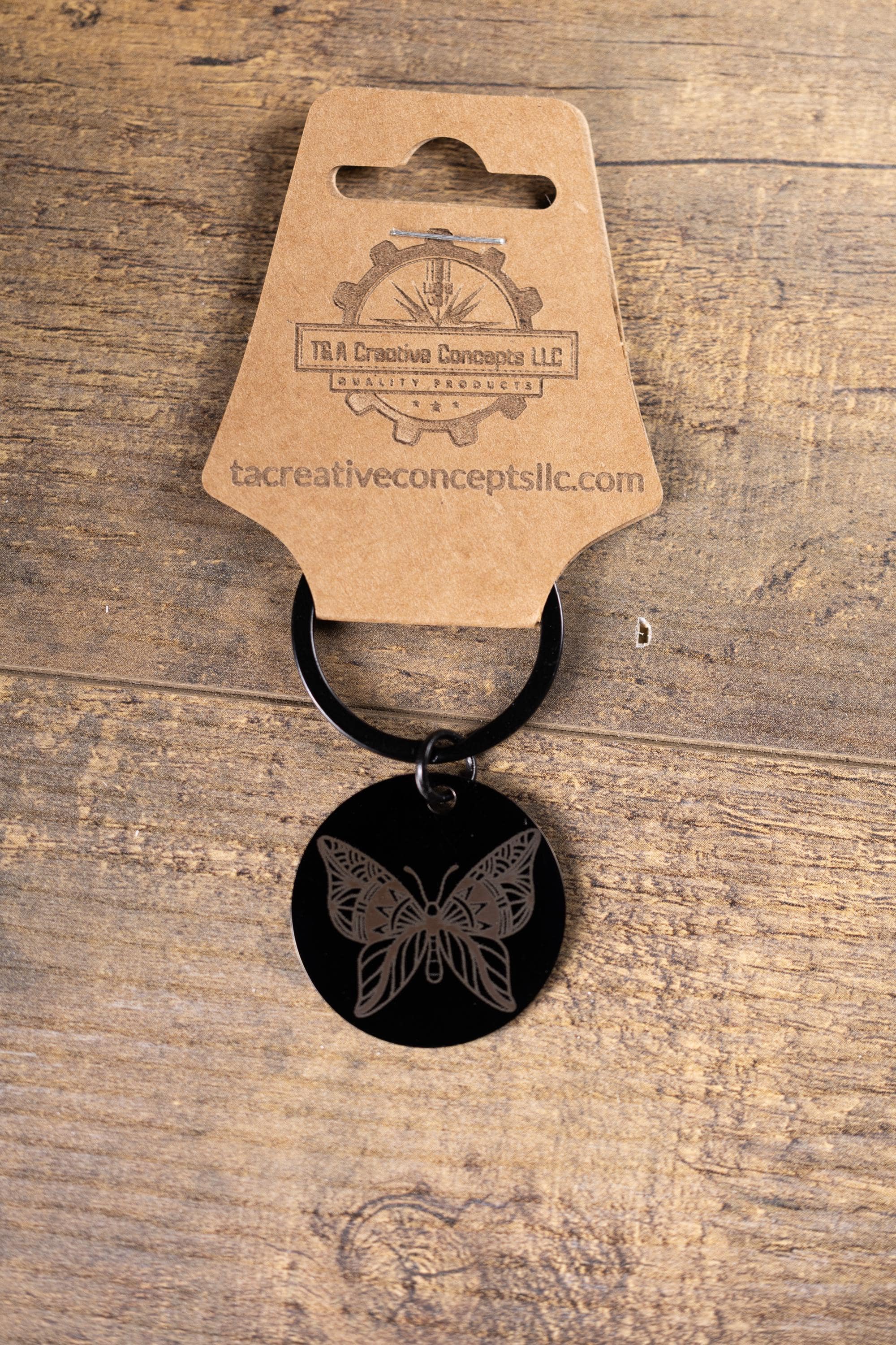 Black stainless steel butterfly keychain – laser engraved insect gift for her – nature lover metal key ring