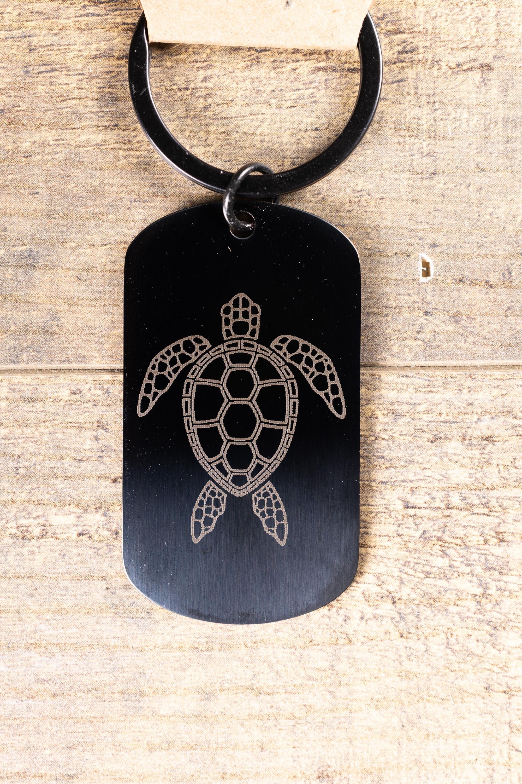 Black stainless steel sea turtle keychain – laser engraved ocean turtle gift for her or him – marine life metal key ring