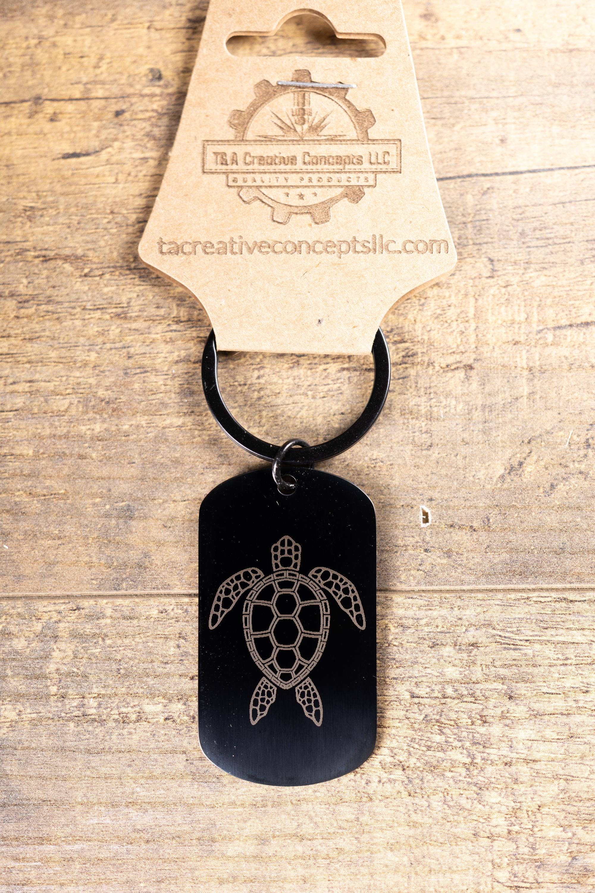 Black stainless steel sea turtle keychain – laser engraved ocean turtle gift for her or him – marine life metal key ring
