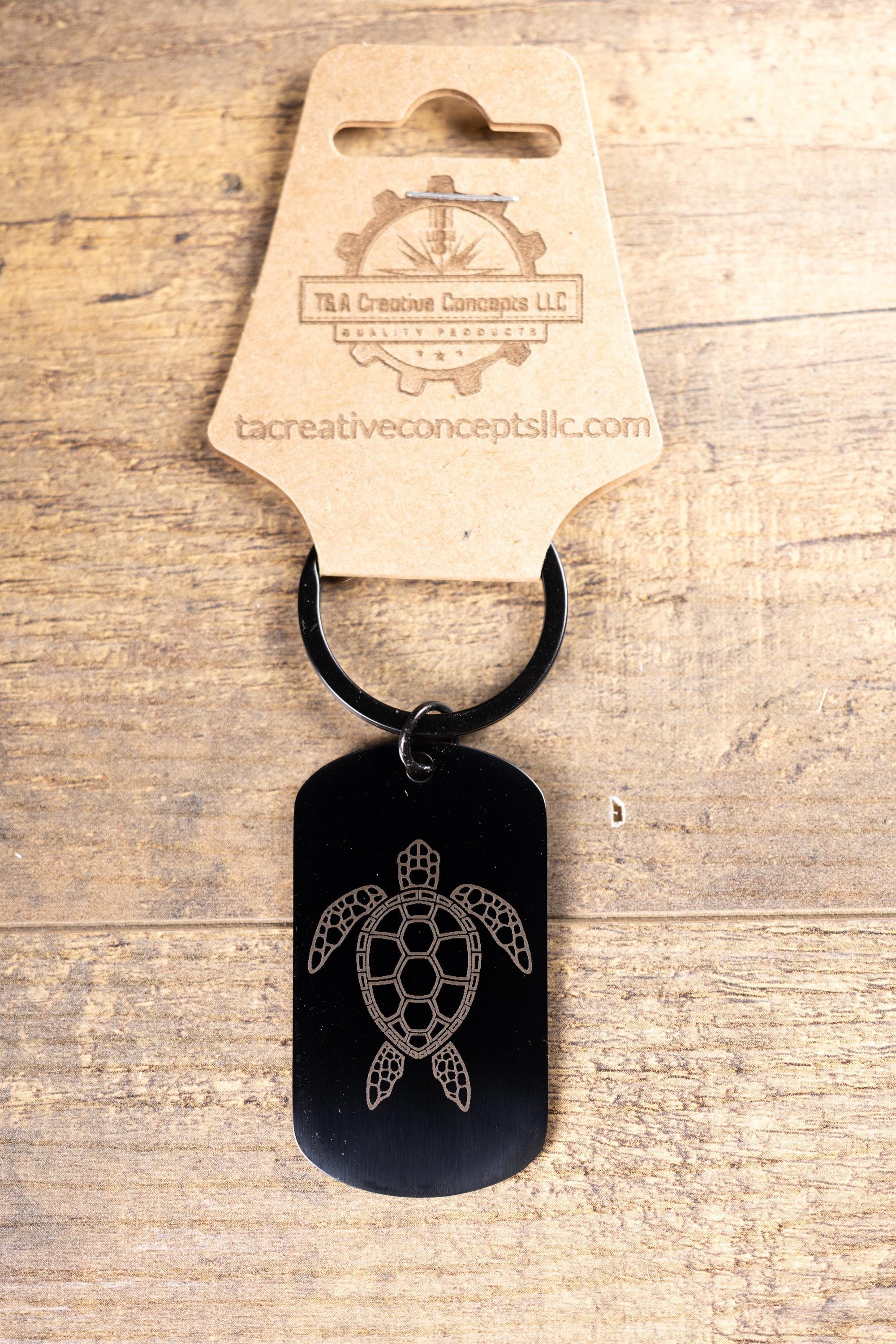 Black stainless steel sea turtle keychain – laser engraved ocean turtle gift for her or him – marine life metal key ring
