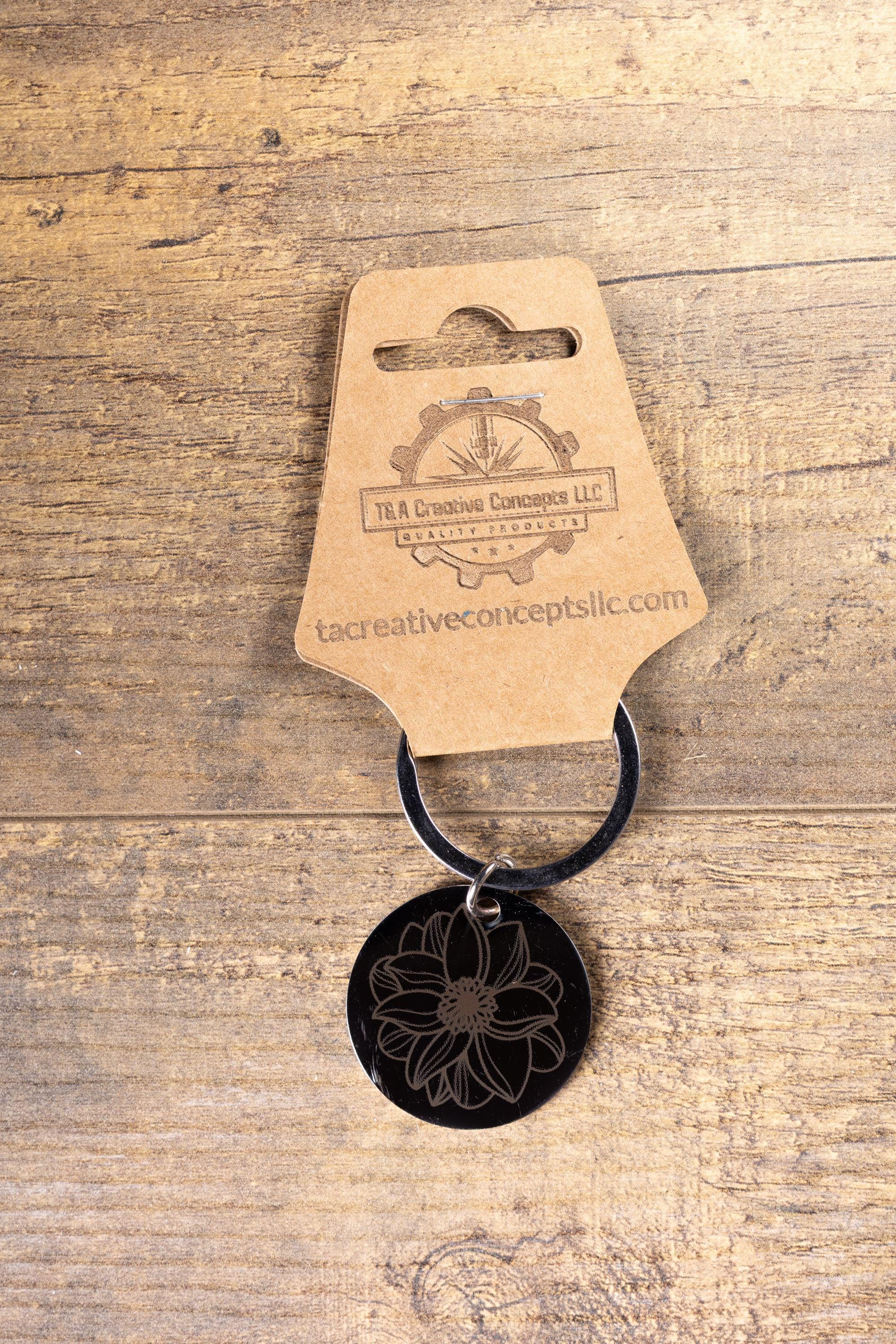 Black stainless steel mandala flower keychain | laser engraved metal | same image both sides | durable spiritual gift