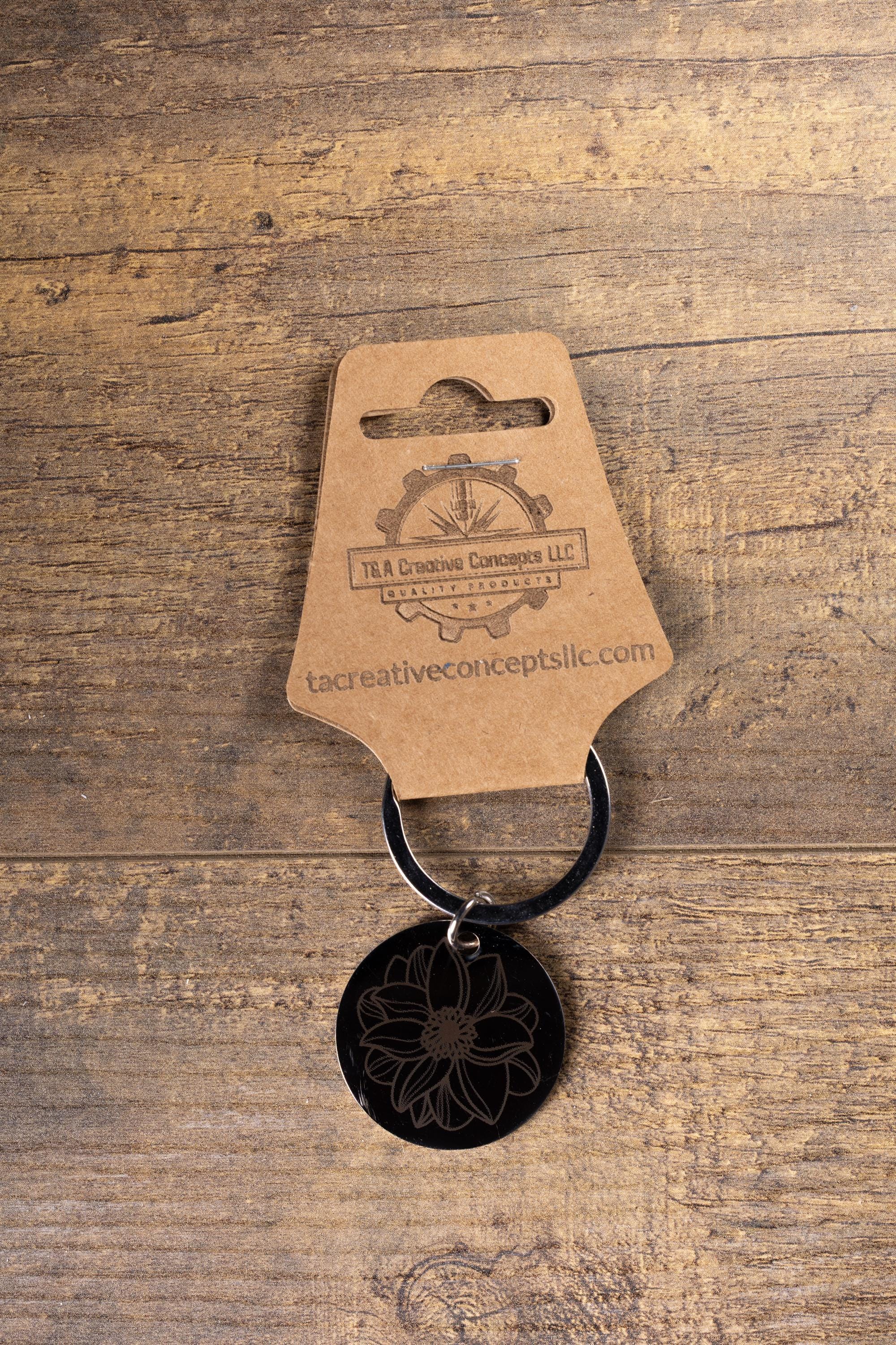 Black stainless steel mandala flower keychain | laser engraved metal | same image both sides | durable spiritual gift