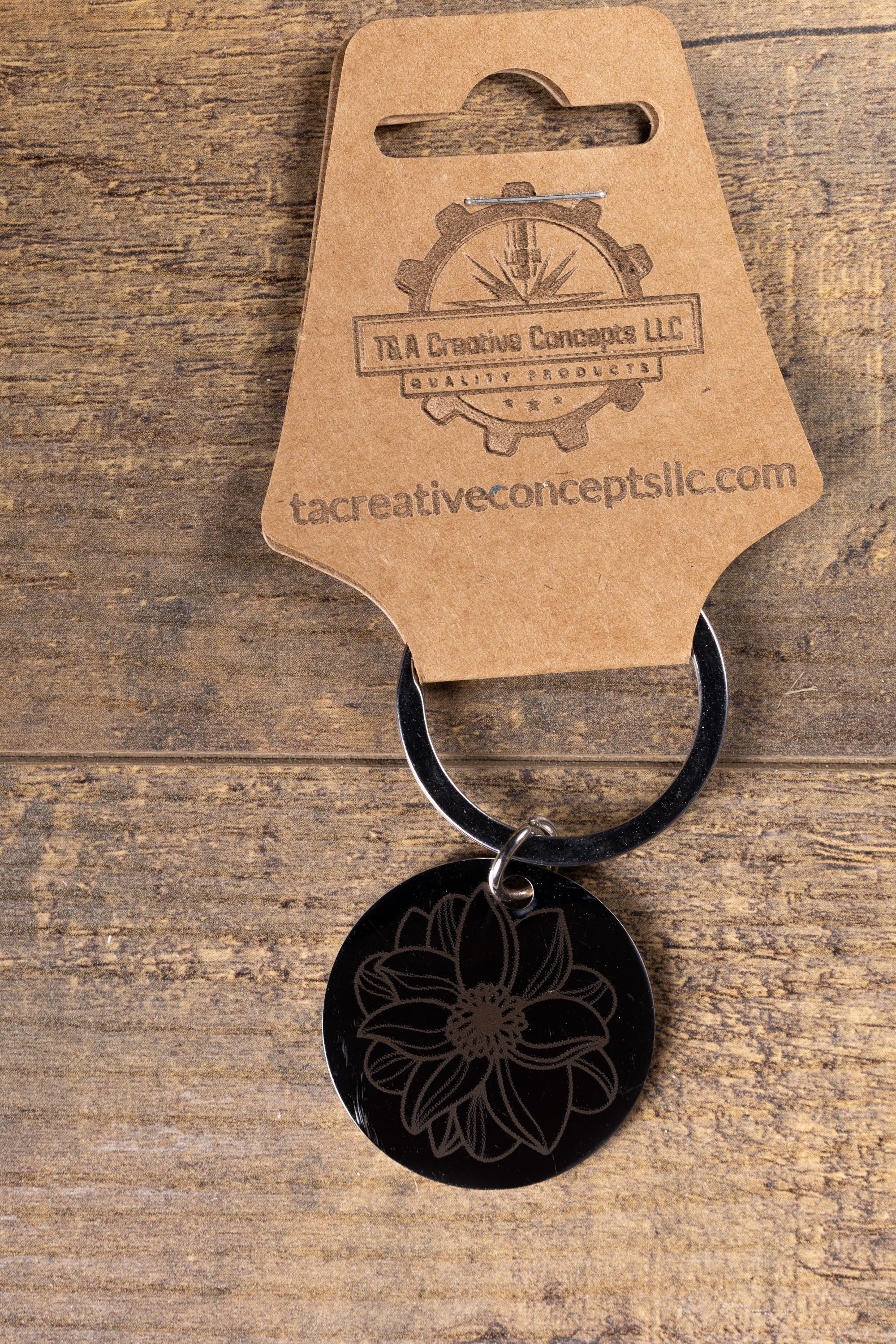 Black stainless steel mandala flower keychain | laser engraved metal | same image both sides | durable spiritual gift