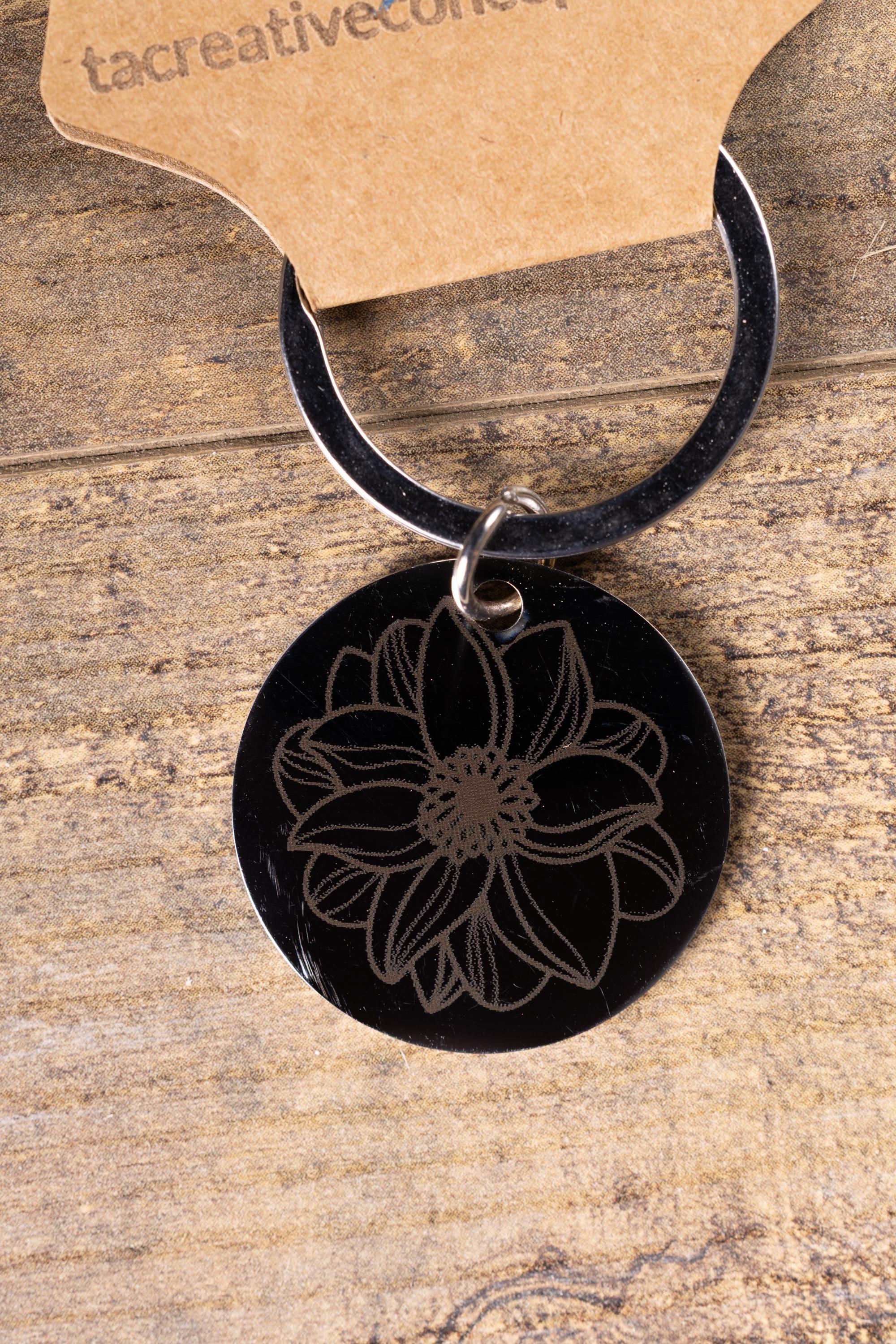 Black stainless steel mandala flower keychain | laser engraved metal | same image both sides | durable spiritual gift
