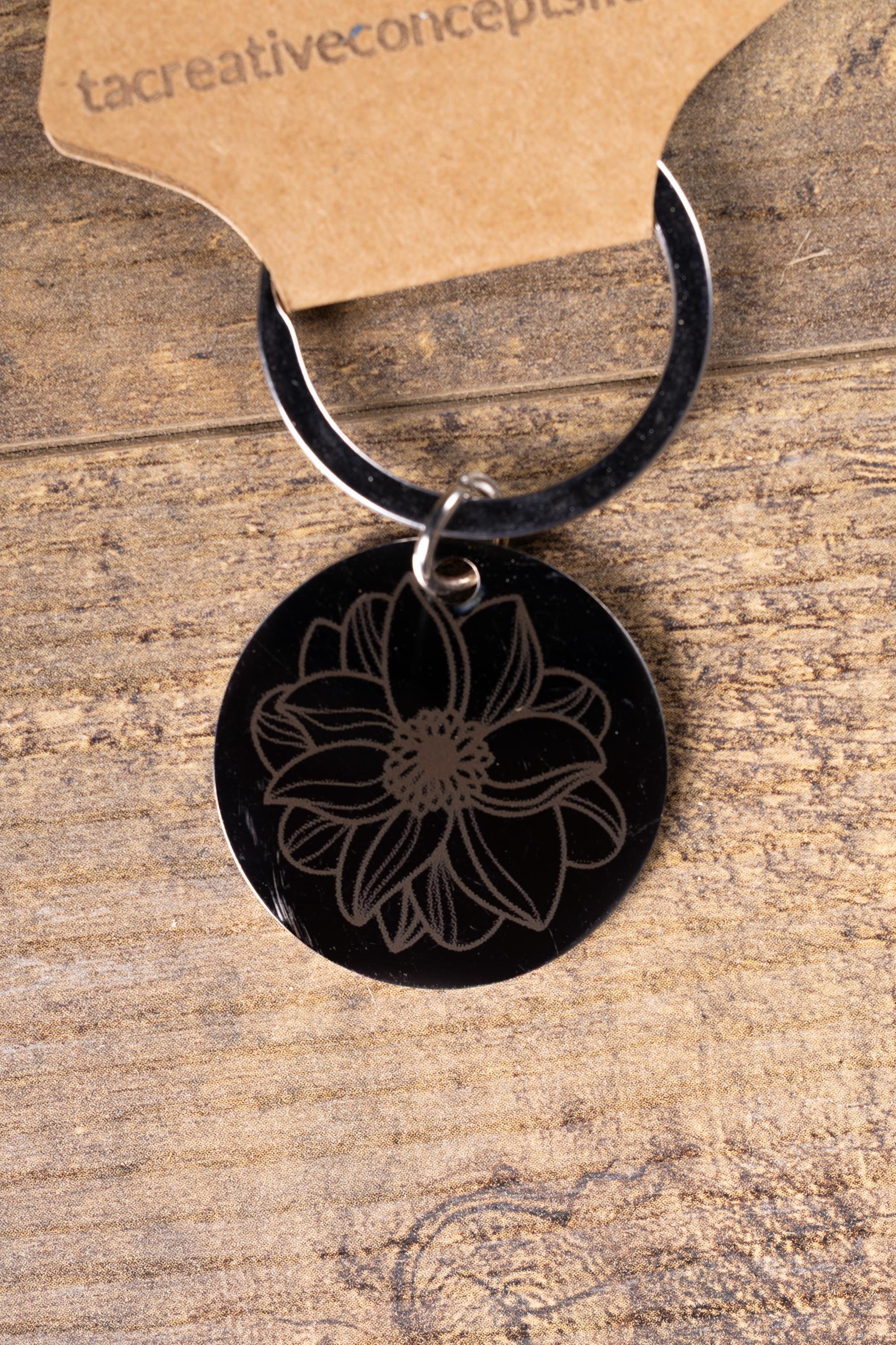Black stainless steel mandala flower keychain | laser engraved metal | same image both sides | durable spiritual gift