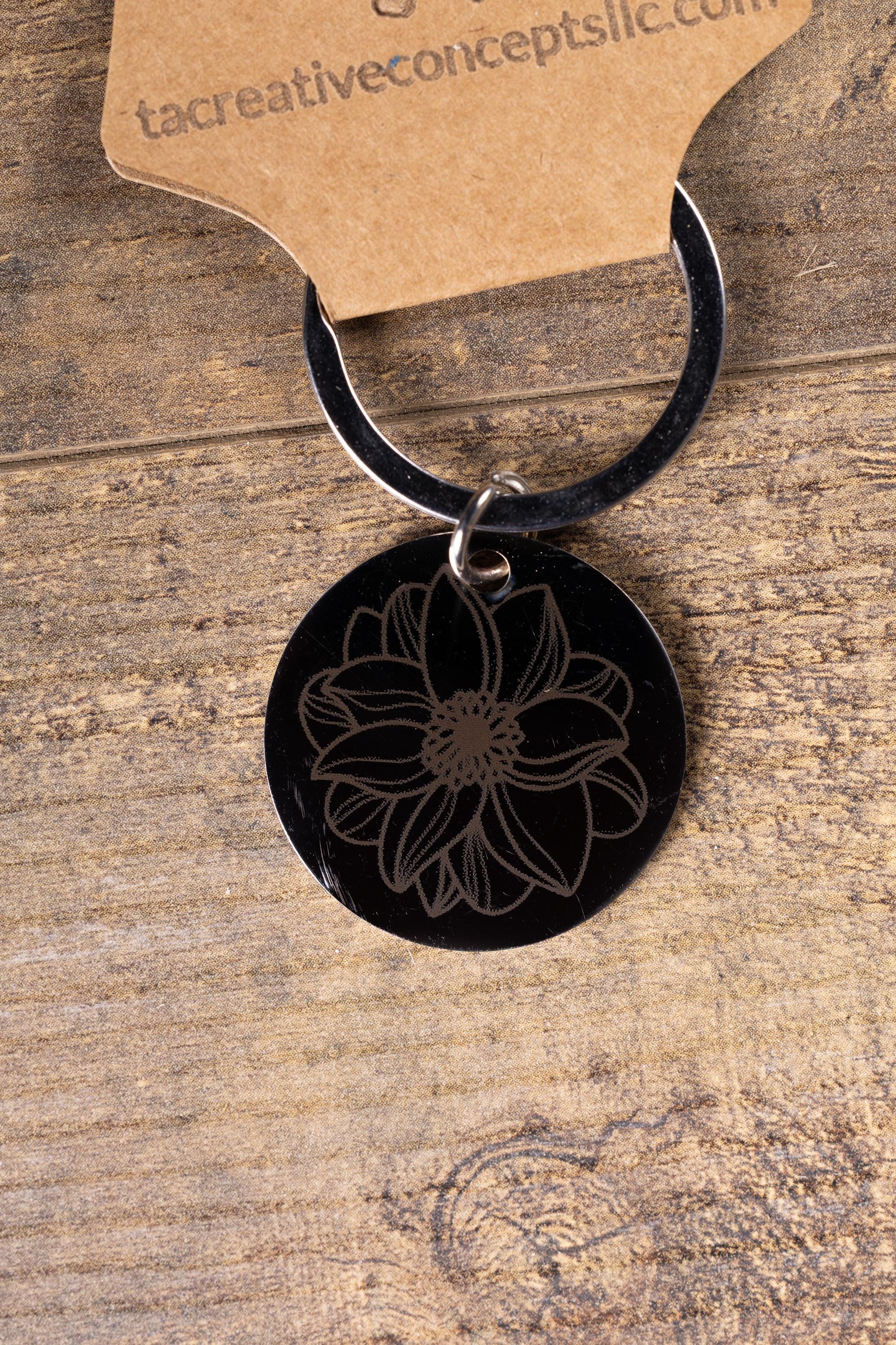 Black stainless steel mandala flower keychain | laser engraved metal | same image both sides | durable spiritual gift