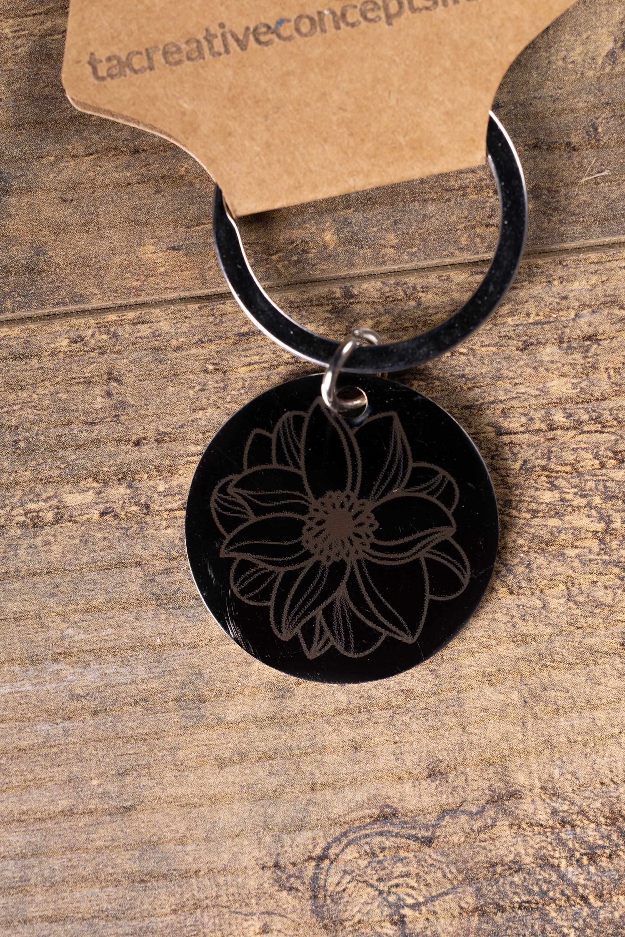 Black stainless steel mandala flower keychain | laser engraved metal | same image both sides | durable spiritual gift