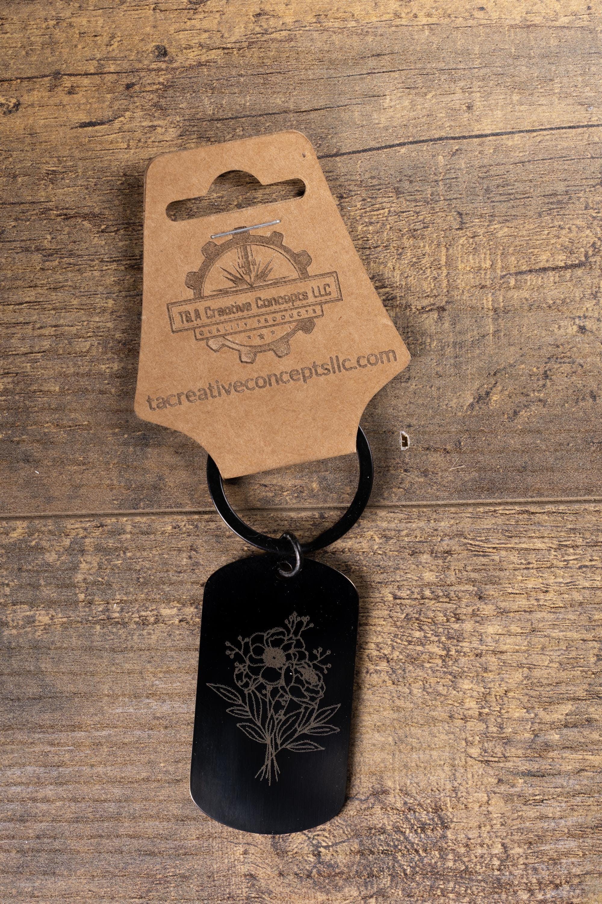 Black stainless steel floral bunch keychain | laser engraved metal | same image both sides | elegant durable gift