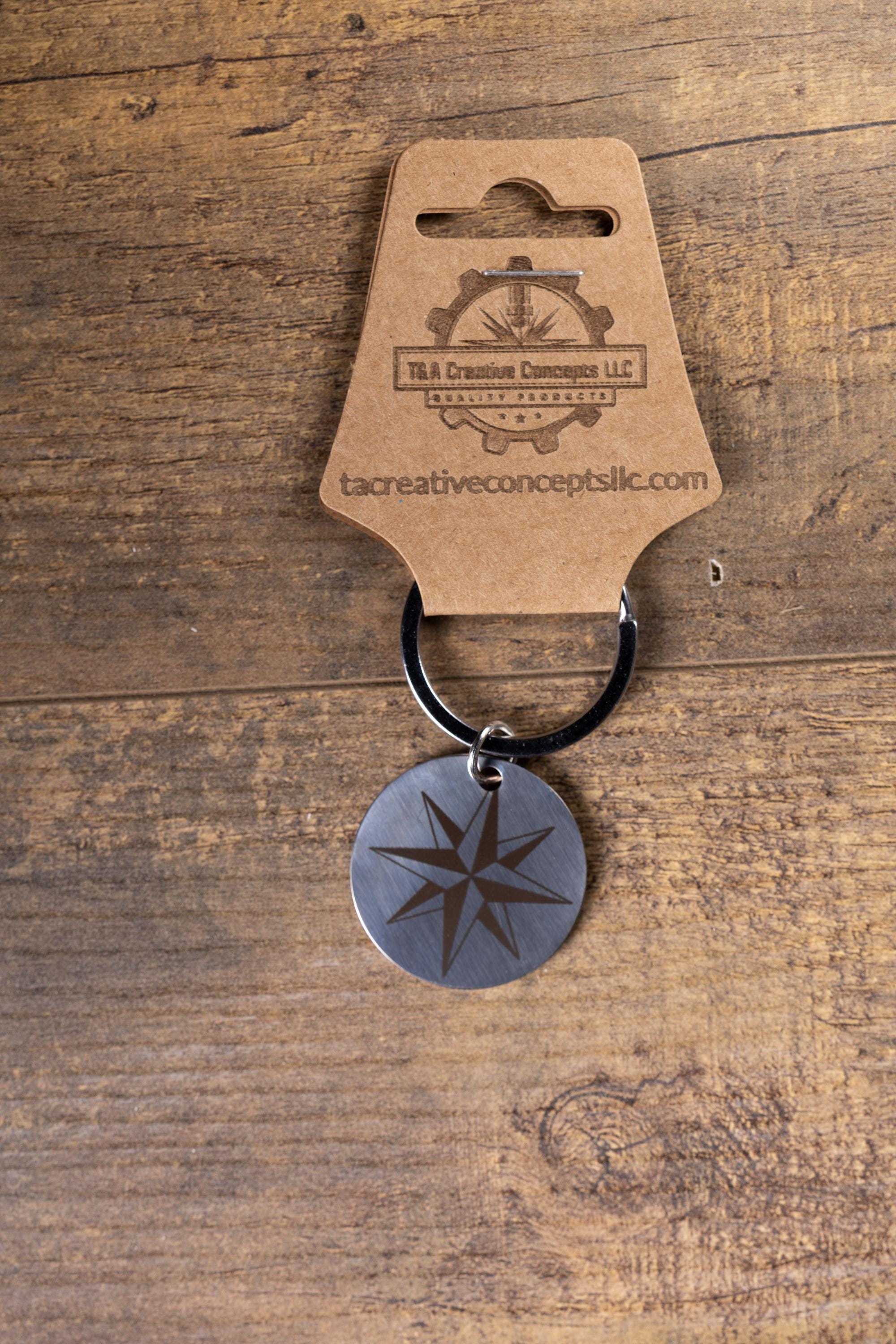 Polished stainless steel nautical star keychain | laser engraved metal | same image both sides | durable gift