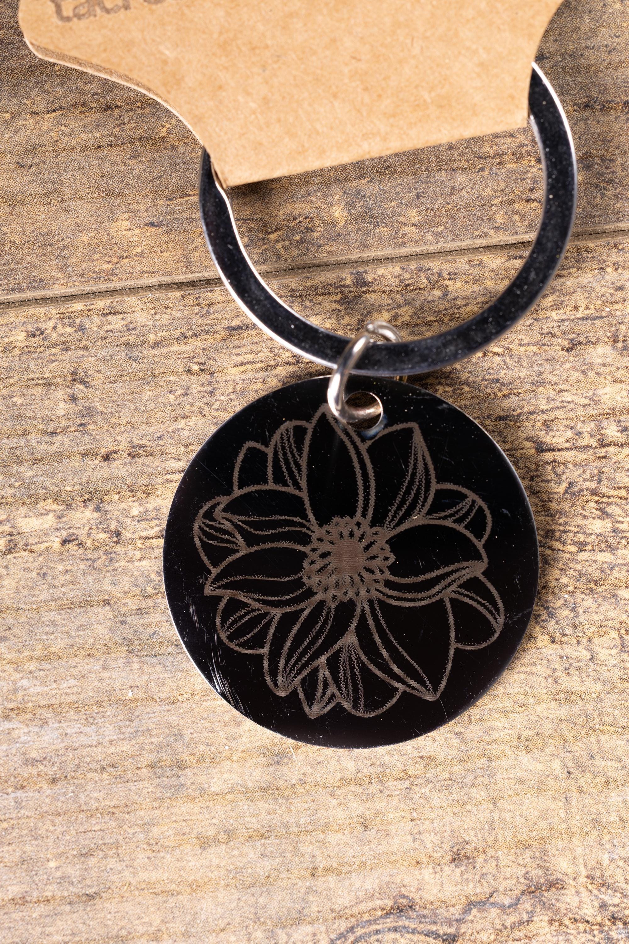 Black stainless steel mandala flower keychain | laser engraved metal | same image both sides | durable spiritual gift