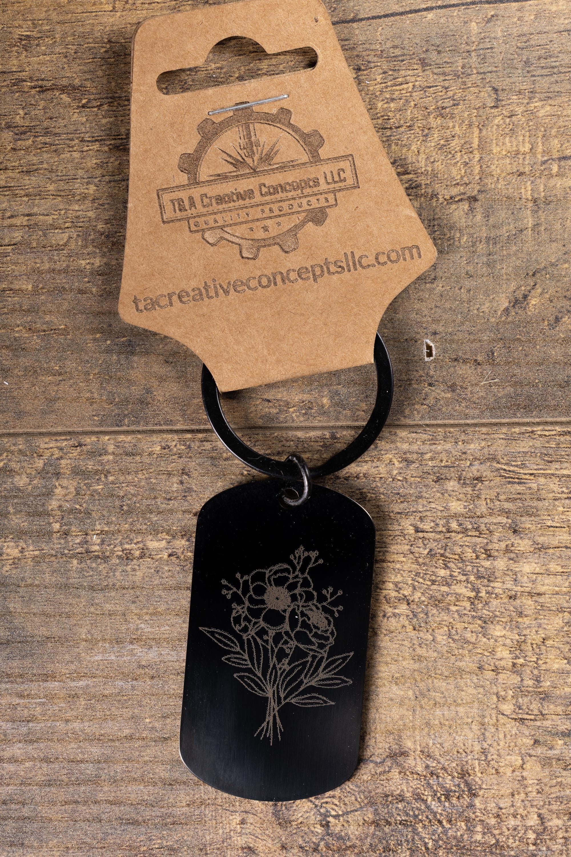Black stainless steel floral bunch keychain | laser engraved metal | same image both sides | elegant durable gift
