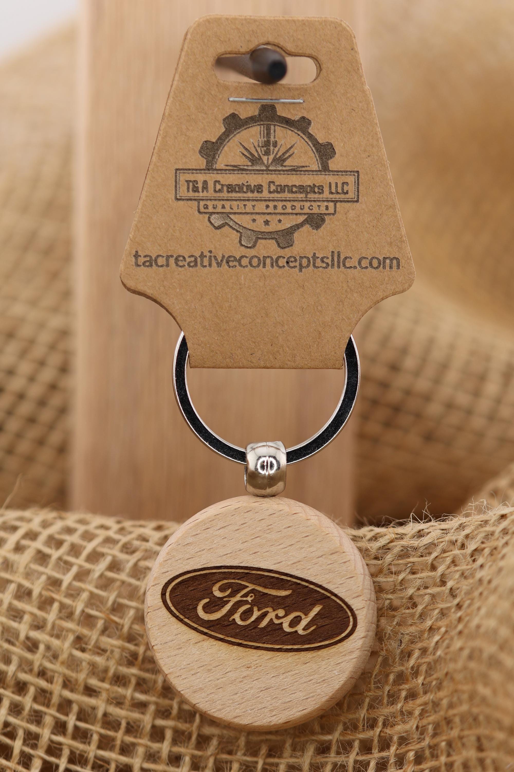 Laser Engraved Ford Keychain / Bag Charm: hardwood & stainless steel keyring