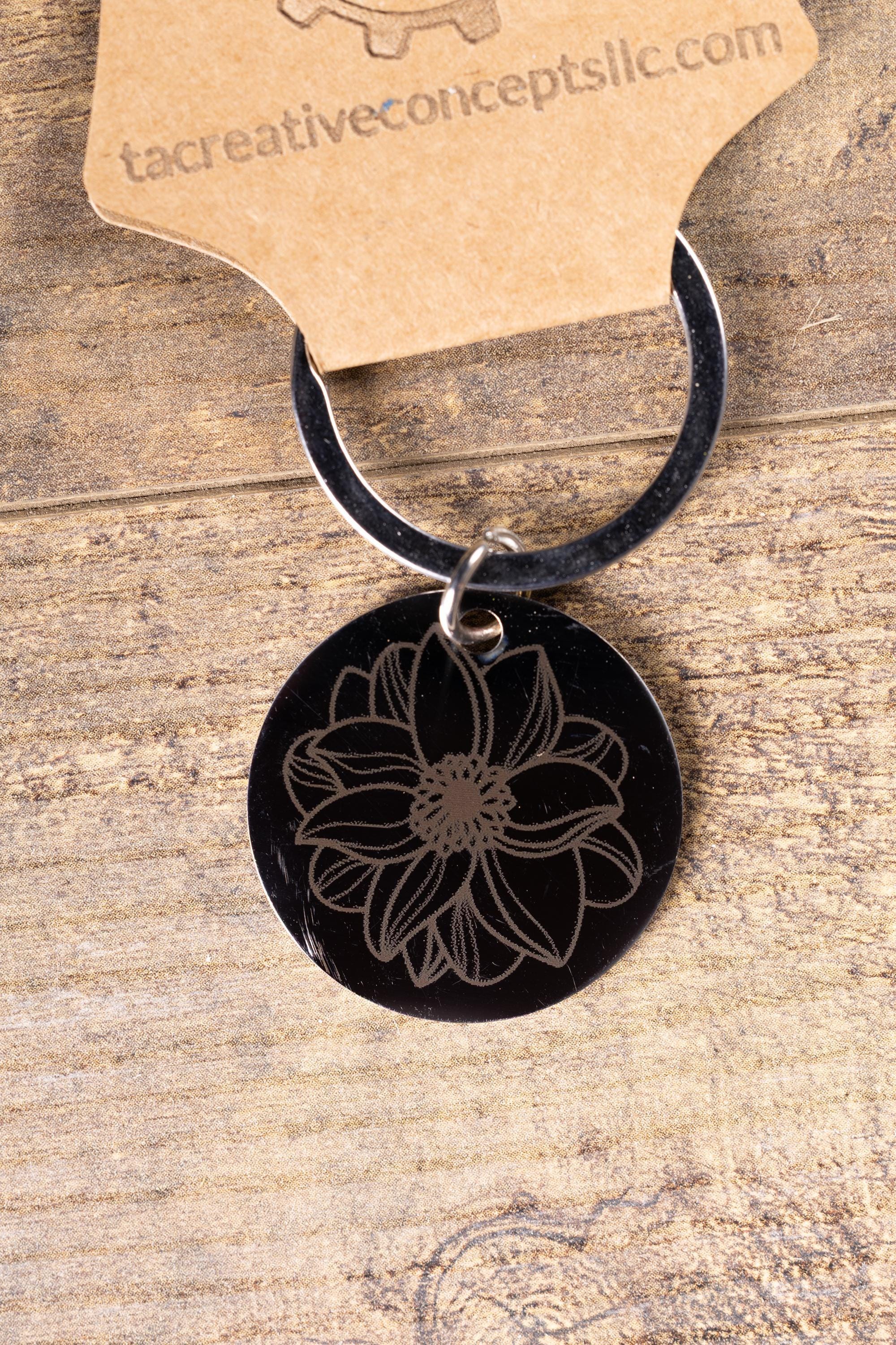 Black stainless steel mandala flower keychain | laser engraved metal | same image both sides | durable spiritual gift