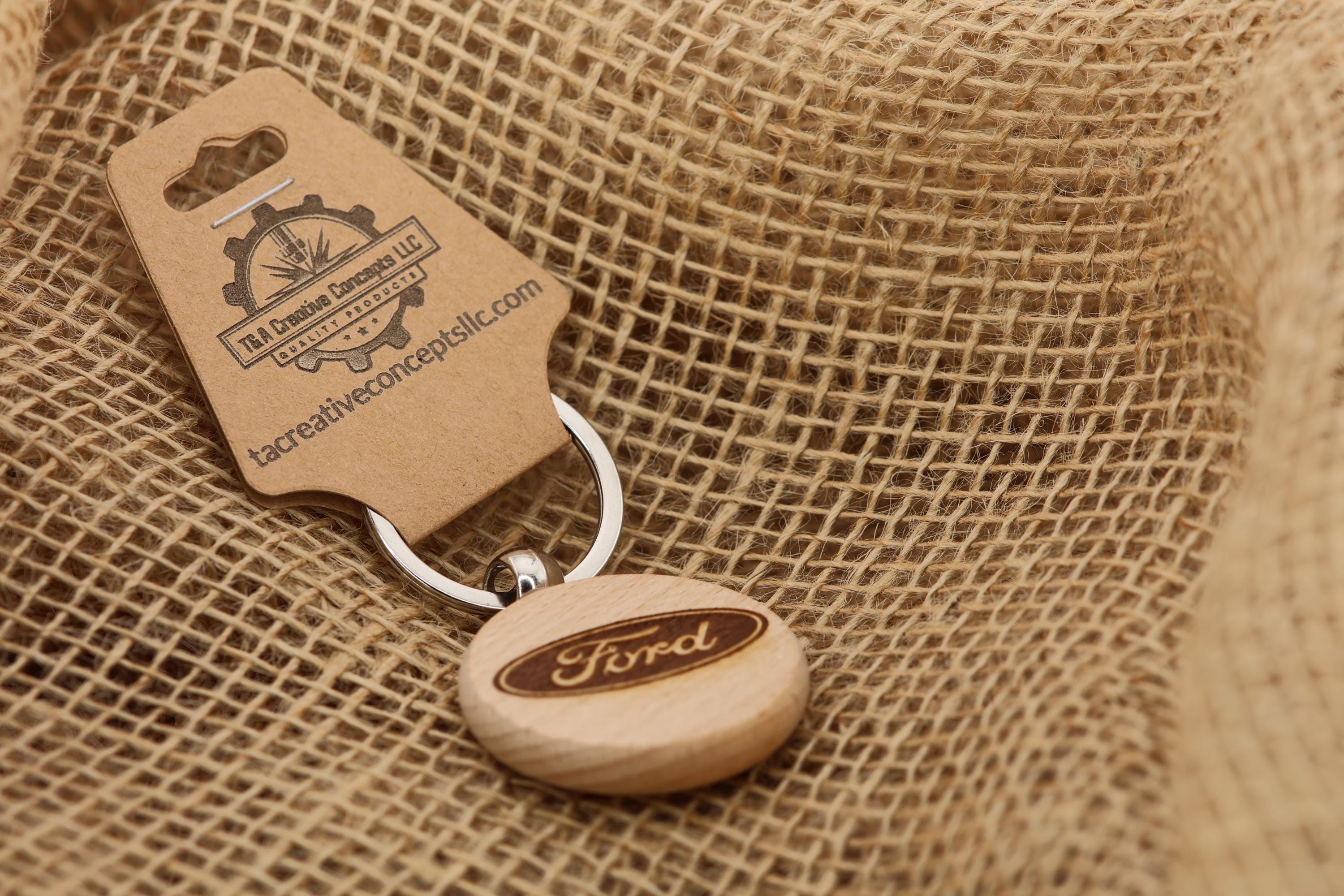 Laser Engraved Ford Keychain / Bag Charm: hardwood & stainless steel keyring