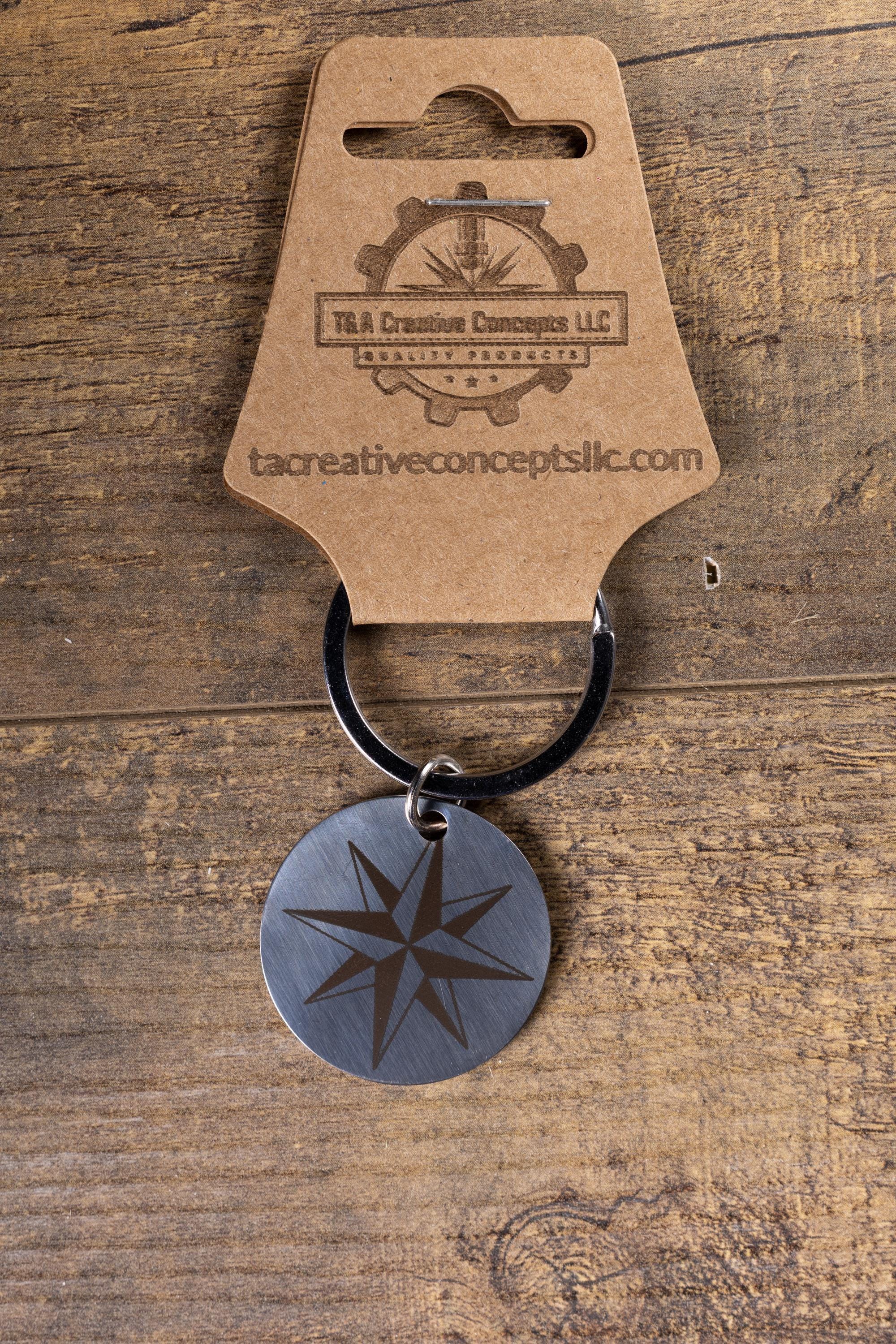 Polished stainless steel nautical star keychain | laser engraved metal | same image both sides | durable gift