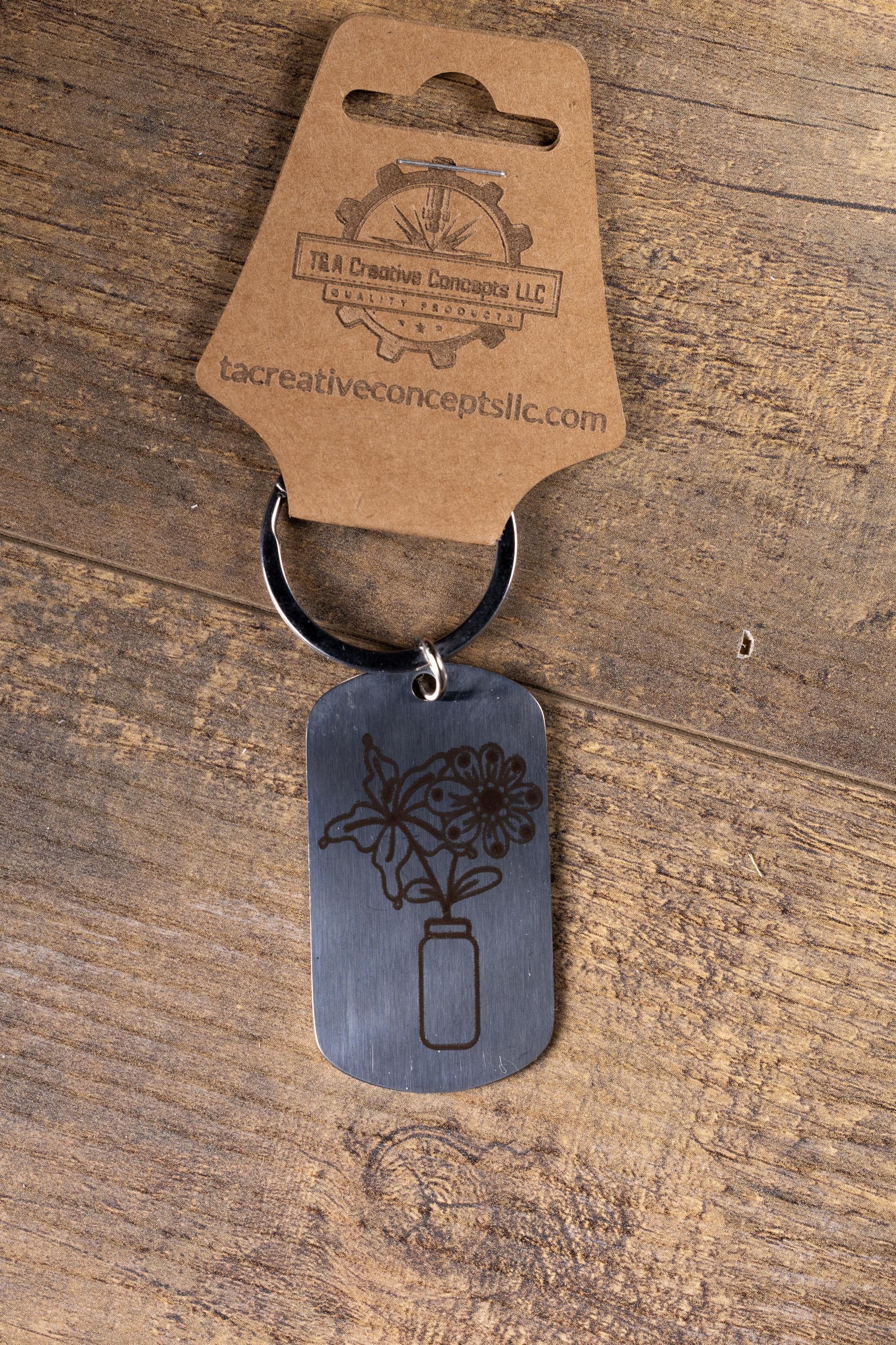 Polished stainless steel flowers in a vase keychain | laser engraved both sides | floral gift | elegant durable key ring