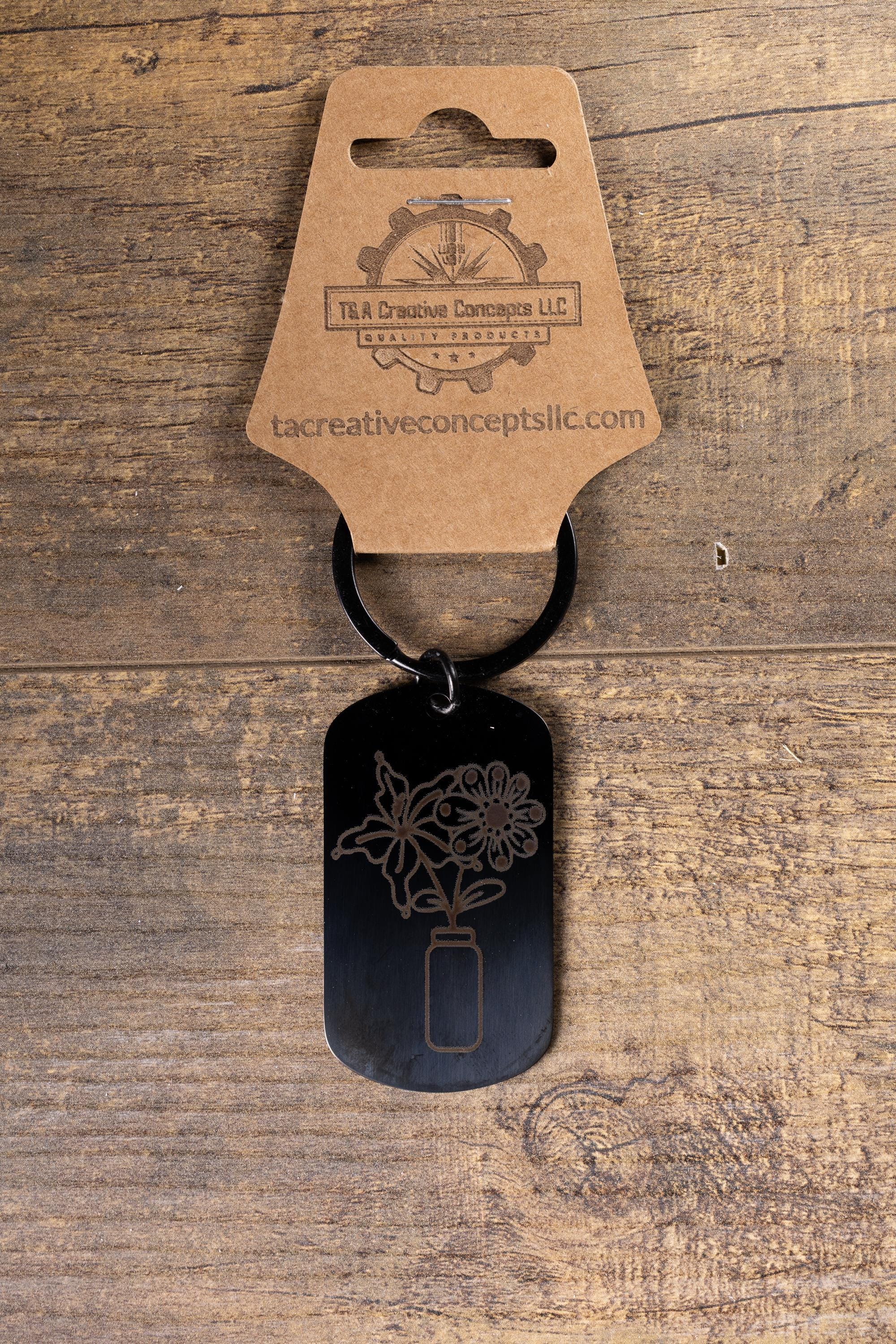 Black stainless steel flowers in a vase keychain | laser engraved both sides | floral gift | elegant durable key ring