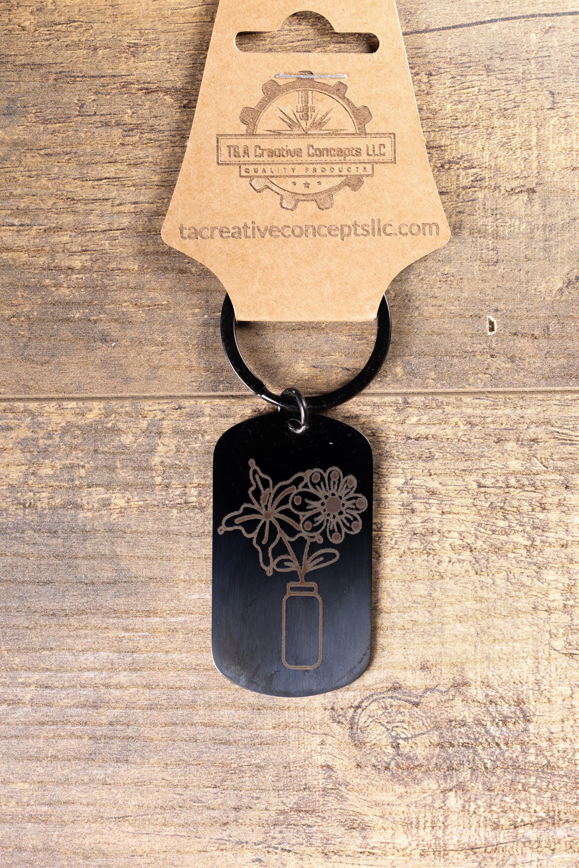 Black stainless steel flowers in a vase keychain | laser engraved both sides | floral gift | elegant durable key ring