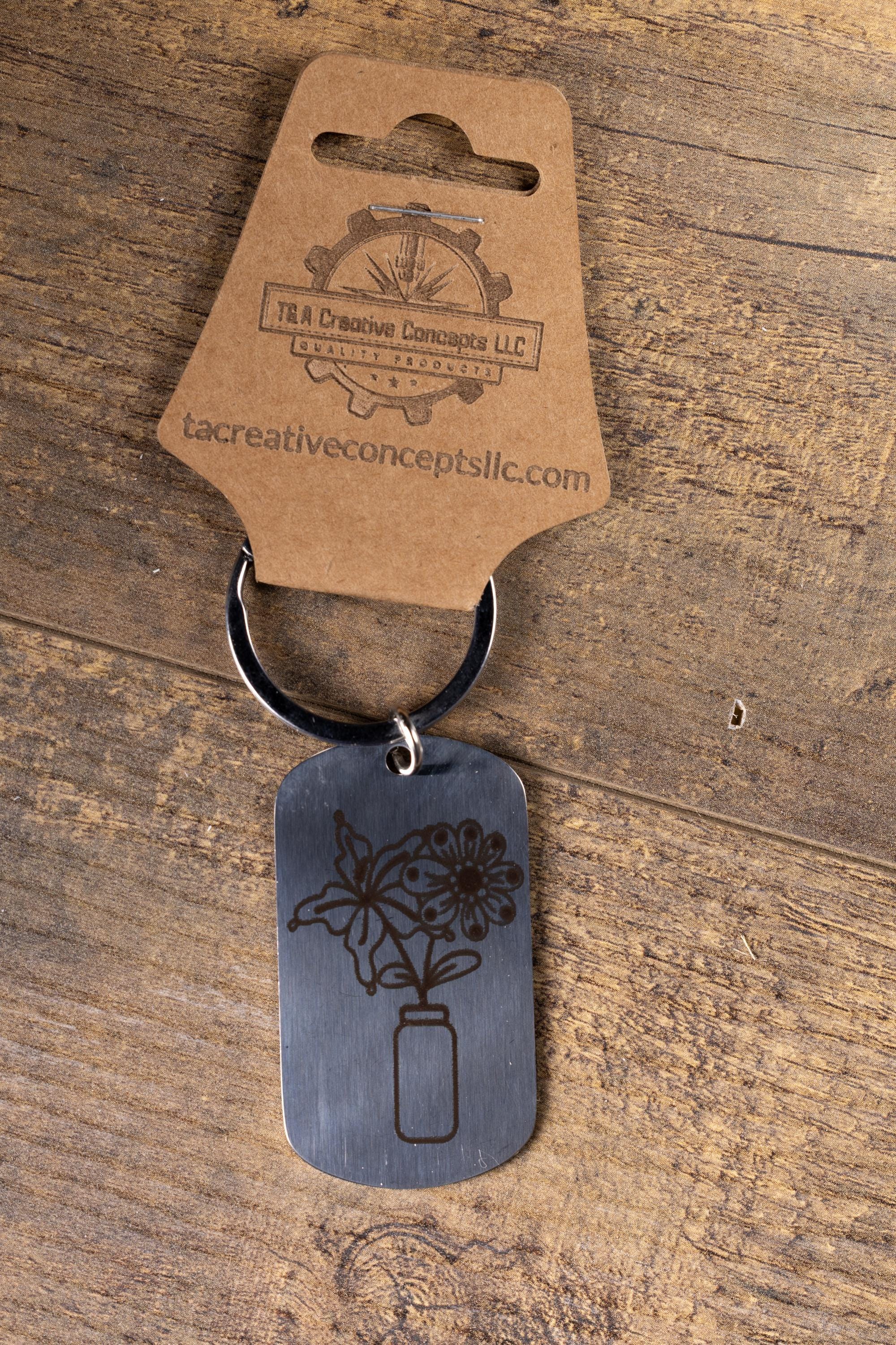 Polished stainless steel flowers in a vase keychain | laser engraved both sides | floral gift | elegant durable key ring