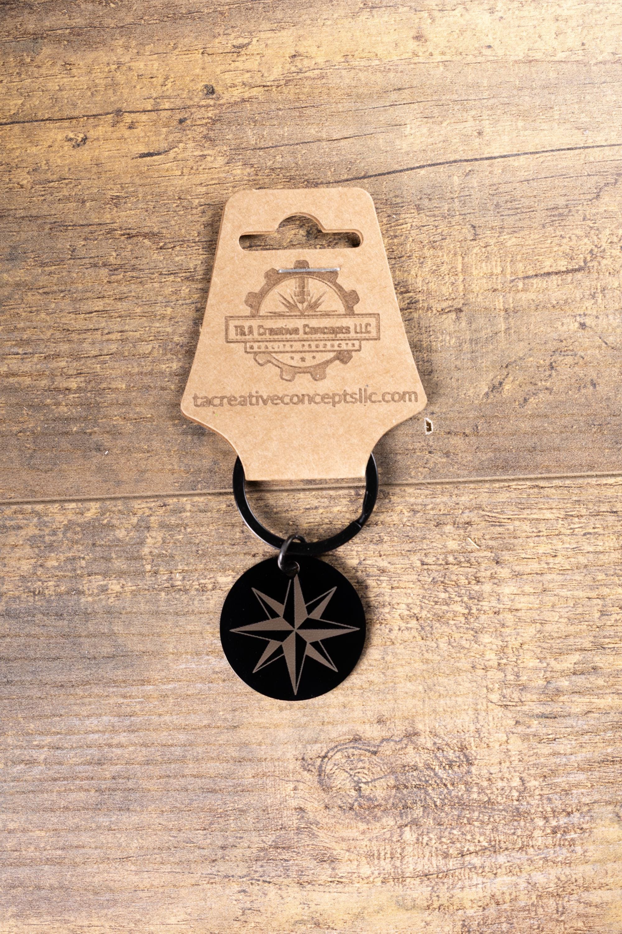 Black stainless steel nautical star keychain | laser engraved both sides | compass star gift