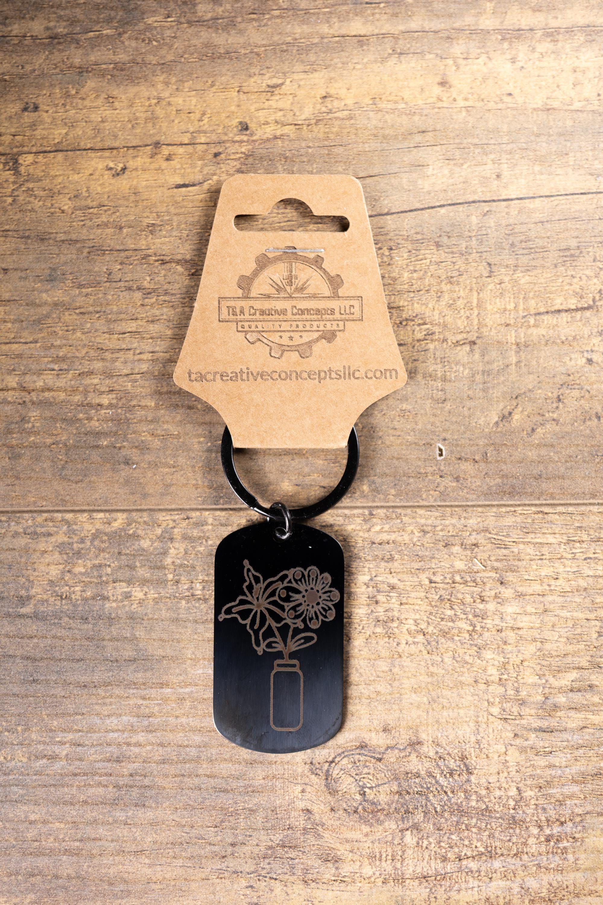 Black stainless steel flowers in a vase keychain | laser engraved both sides | floral gift | elegant durable key ring