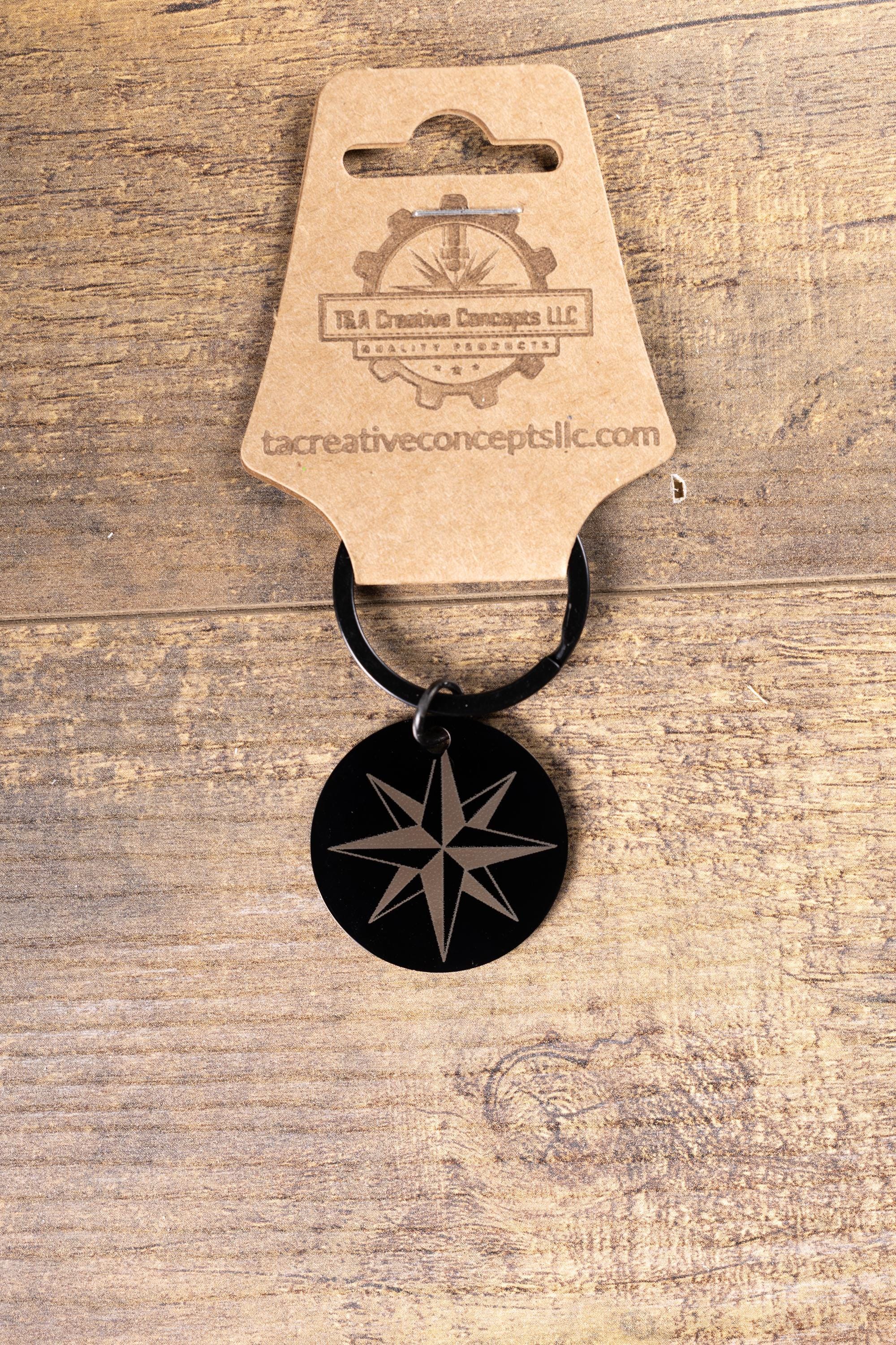 Black stainless steel nautical star keychain | laser engraved both sides | compass star gift
