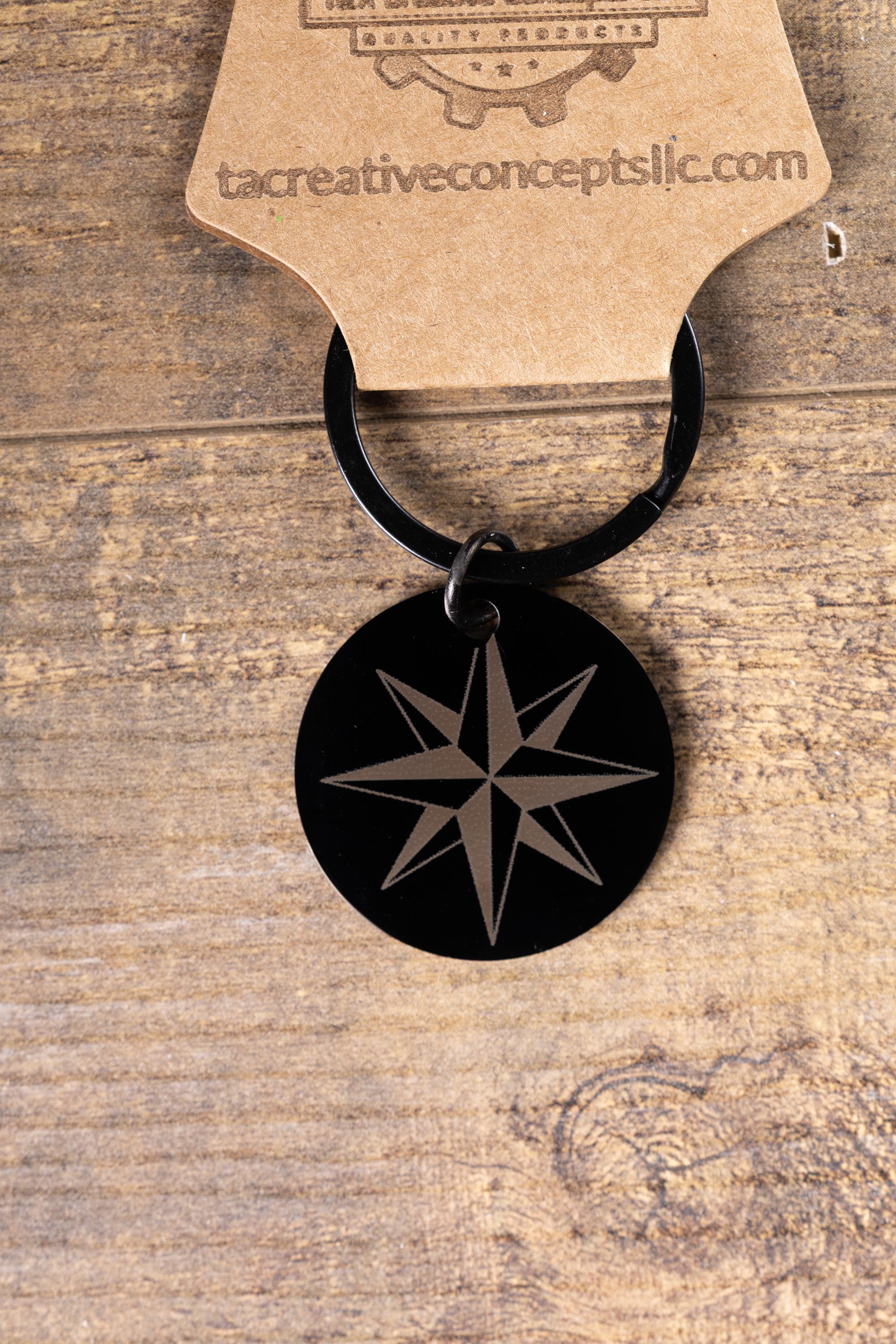 Black stainless steel nautical star keychain | laser engraved both sides | compass star gift