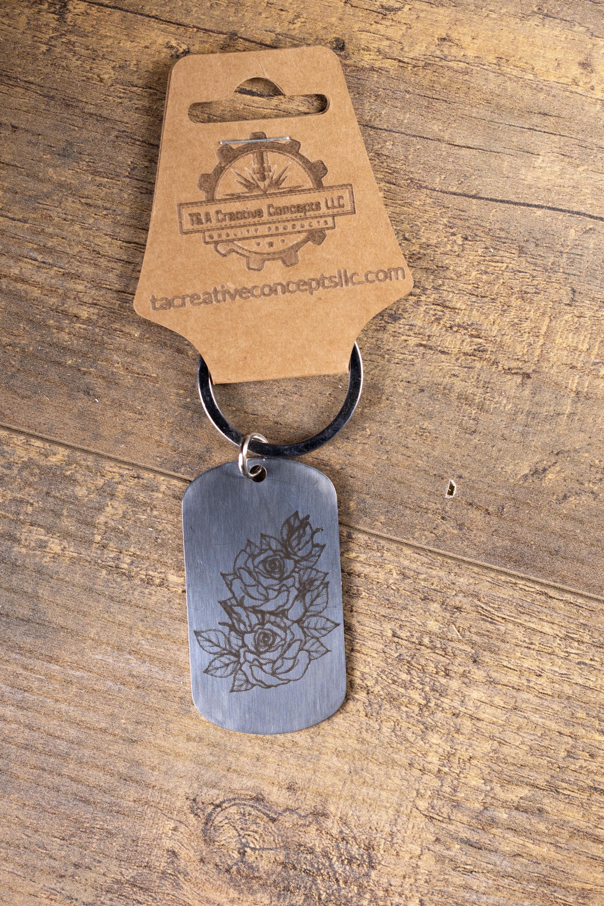Polished stainless steel roses keychain | laser engraved both sides | floral gift | elegant durable key ring