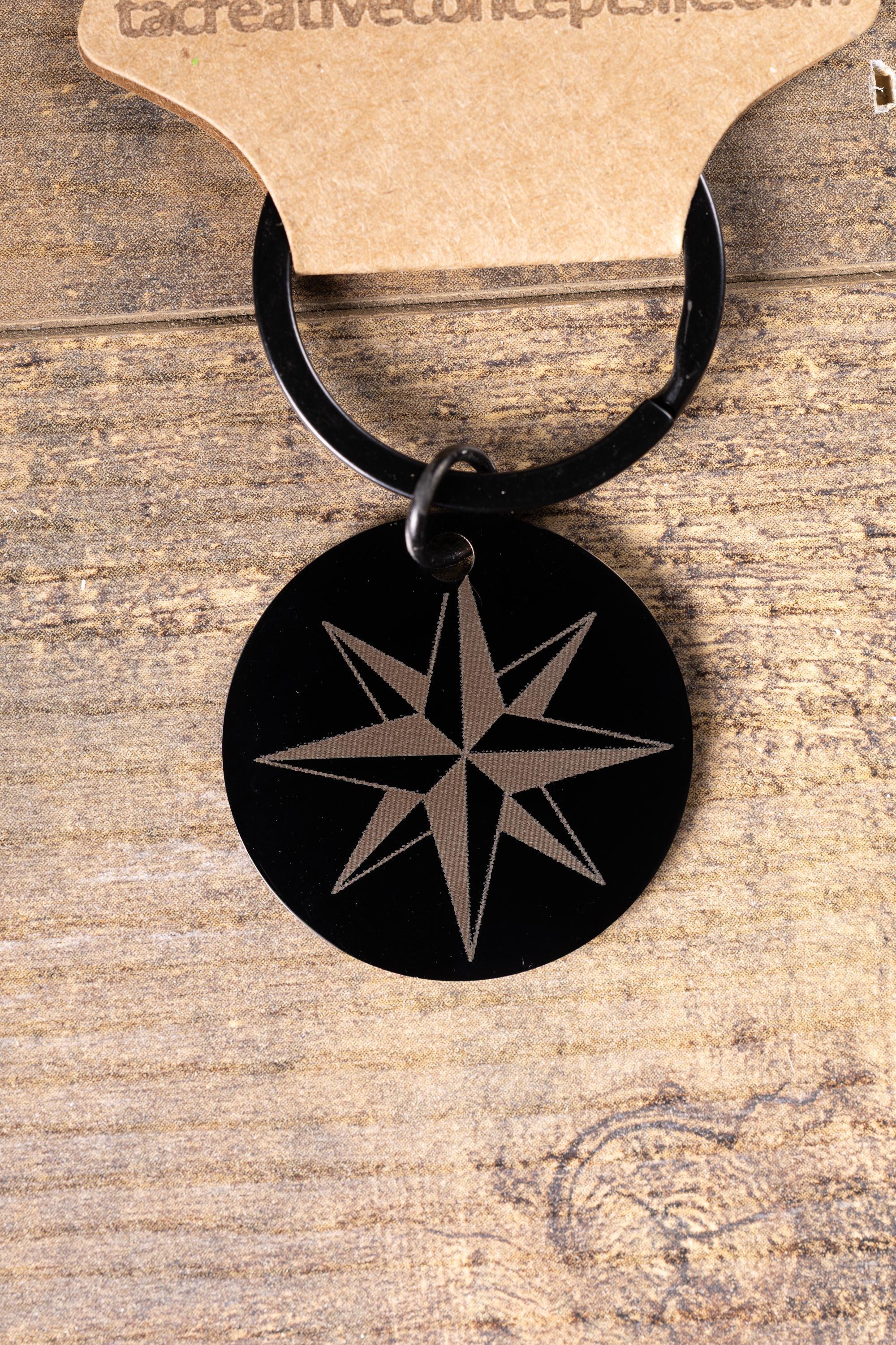Black stainless steel nautical star keychain | laser engraved both sides | compass star gift