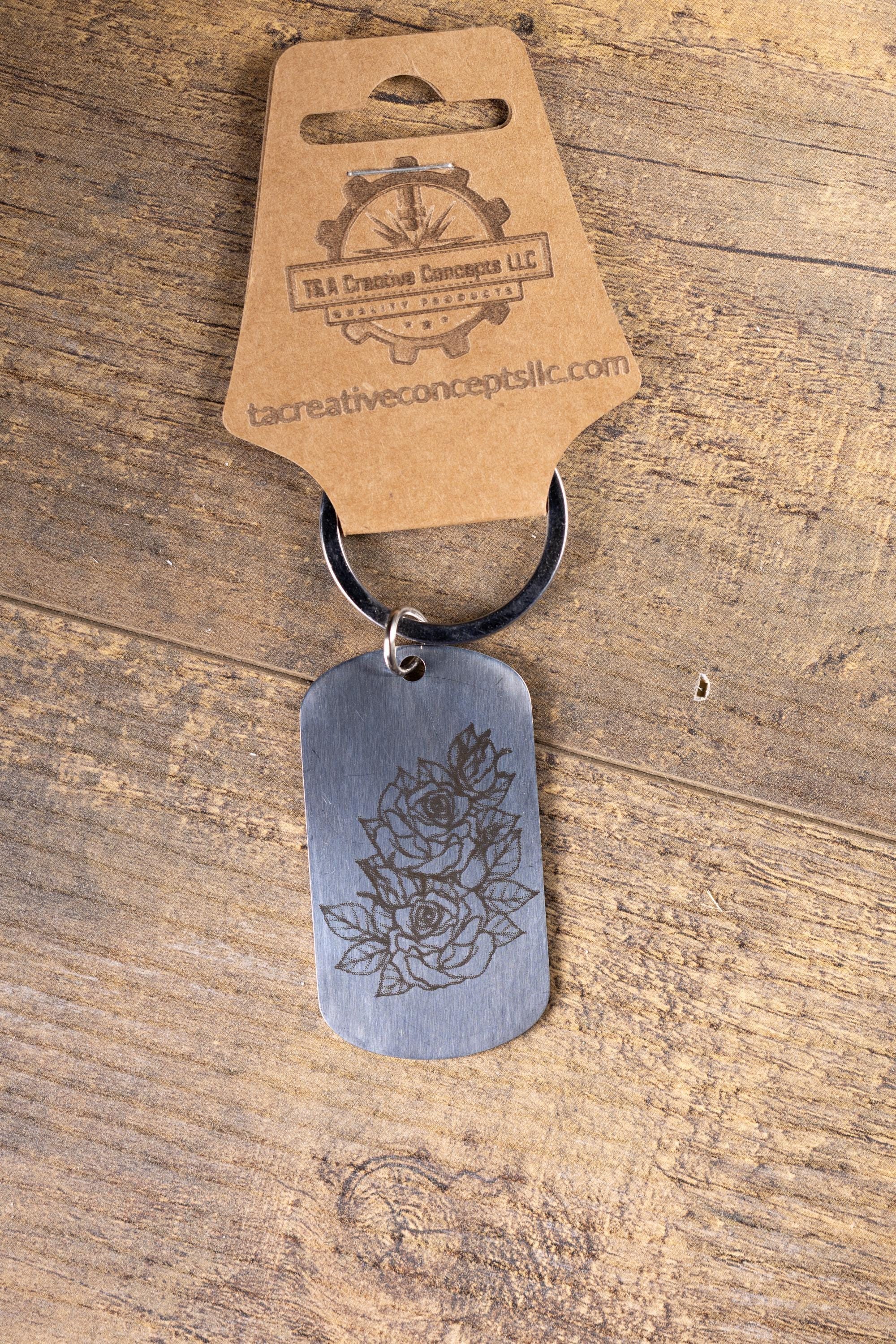 Polished stainless steel roses keychain | laser engraved both sides | floral gift | elegant durable key ring