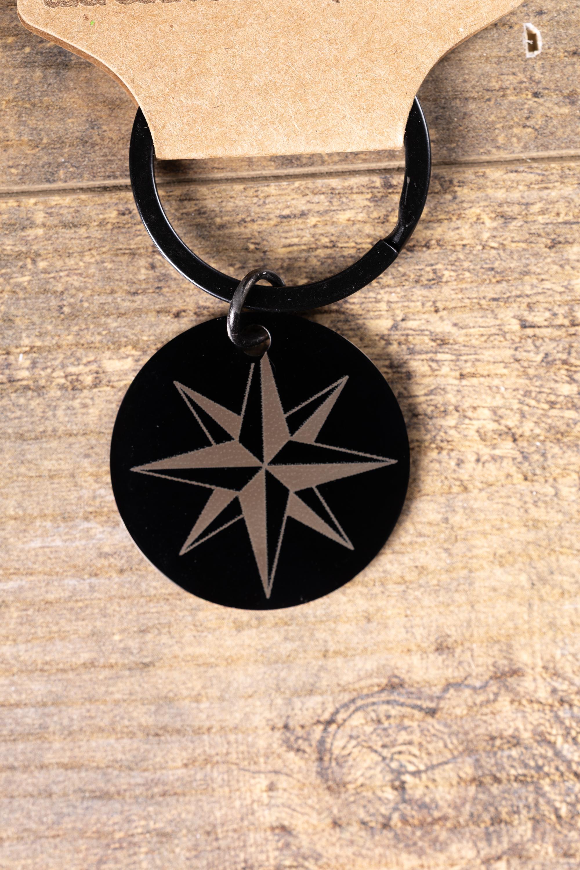 Black stainless steel nautical star keychain | laser engraved both sides | compass star gift