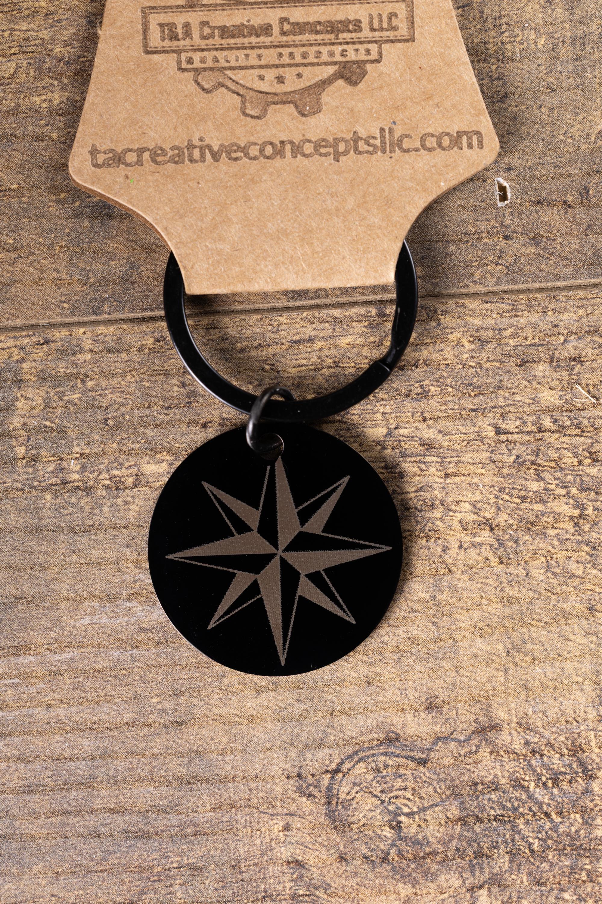 Black stainless steel nautical star keychain | laser engraved both sides | compass star gift