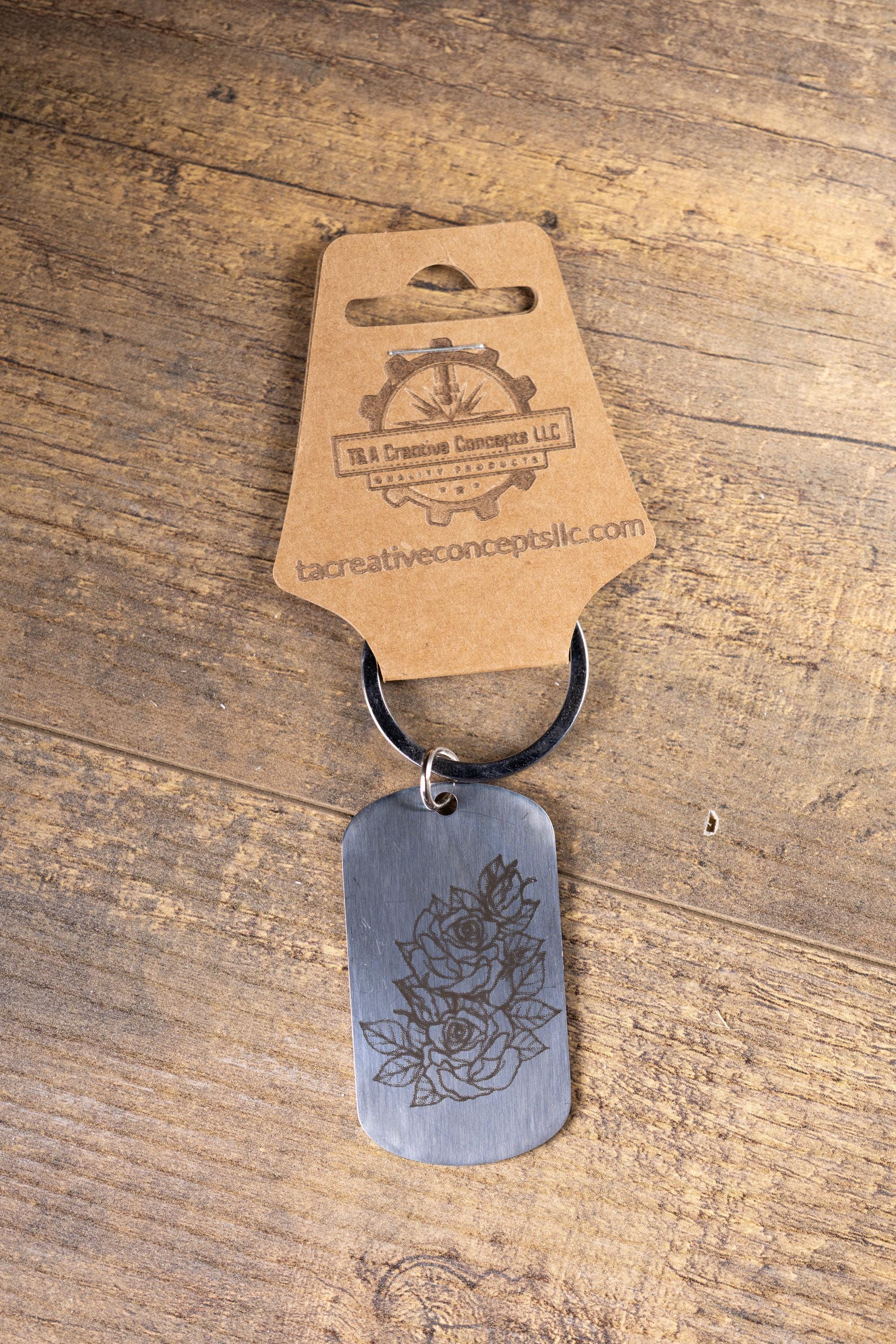 Polished stainless steel roses keychain | laser engraved both sides | floral gift | elegant durable key ring