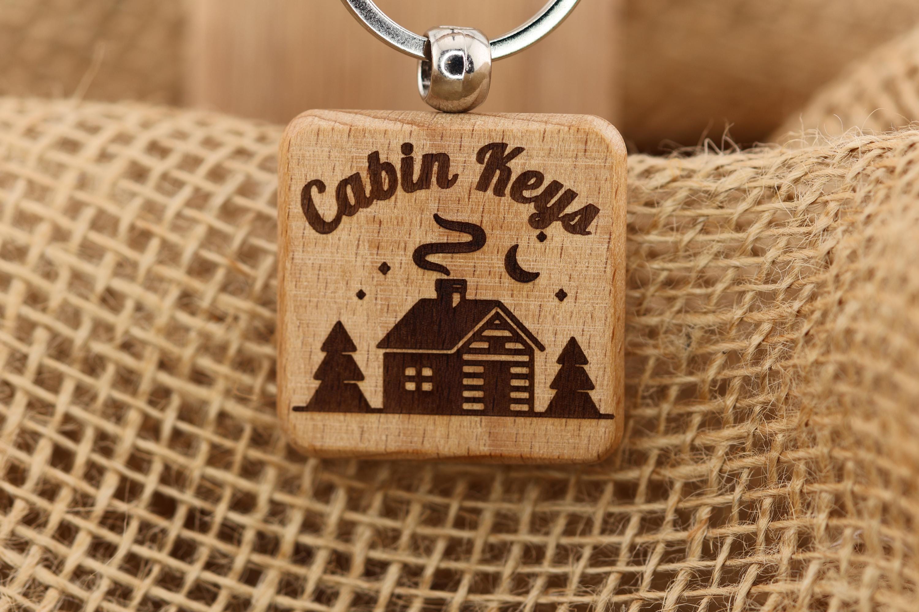 Laser Engraved Cabin Keys Keychain: rustic hardwood, stainless steel